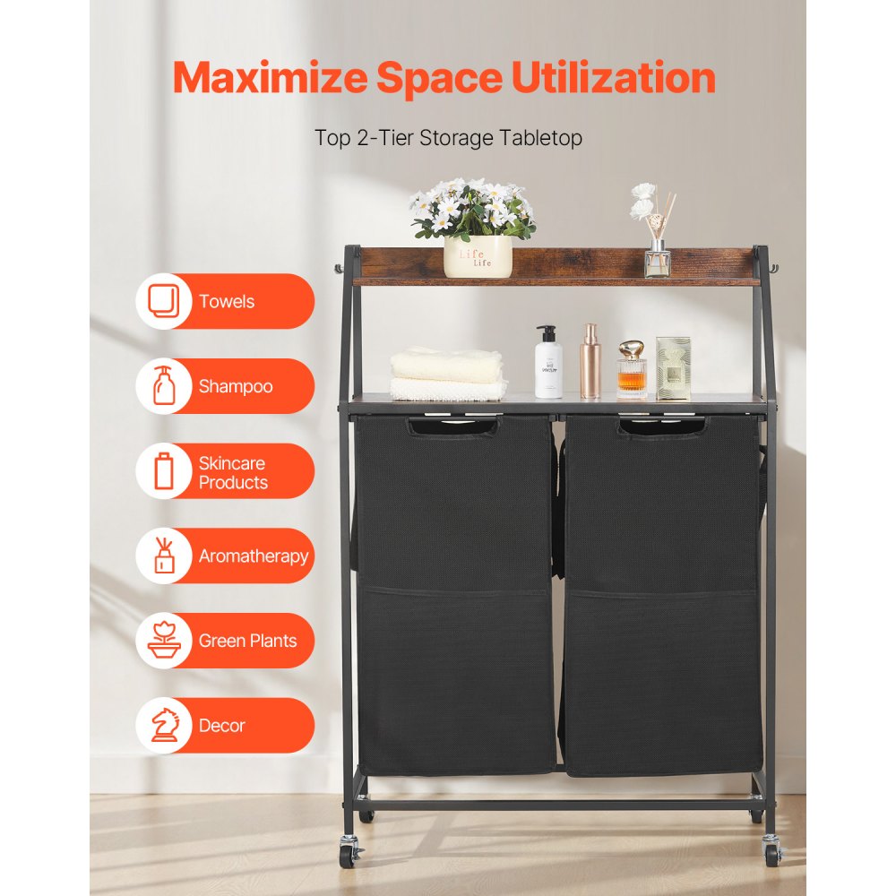 VEVOR 2 Tiers Laundry Sorter, Tall Laundry Hamper with Metal Frame and Wooden Tabletop,-$50