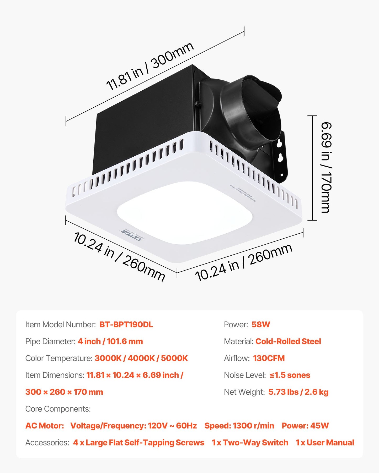 Open Box VEVOR Bathroom Exhaust Fan with LED Light, 130 CFM Bathroom Vent Three Gear Color Temp,-$40