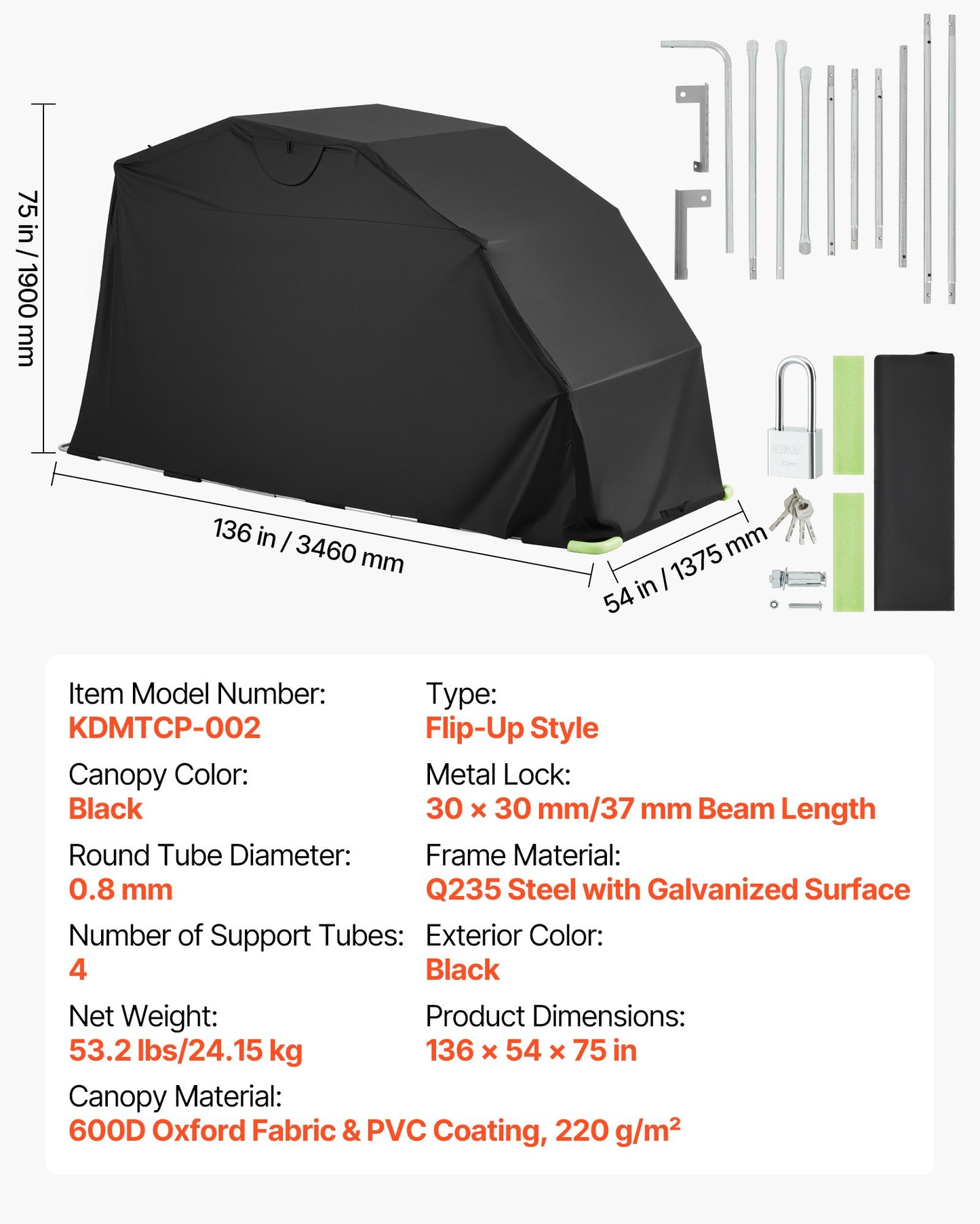 VEVOR Motorcycle Storage Shelter with Security Lock, 600D Oxford Flip-Up Garage Tent,-$105