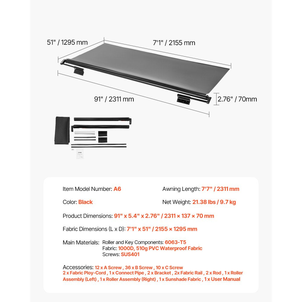 VEVOR RV Slide Out Awning, 7'7" (7'1"), Weatherproof Awning for RV Slide Out with Thicker Bracket,-$180