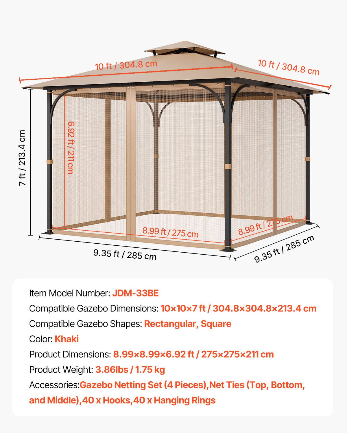 VEVOR Gazebo Netting Replacement, Fit Most 10 x 10 x 7 FT Gazebo Curtain,(Netting Only),-$40
