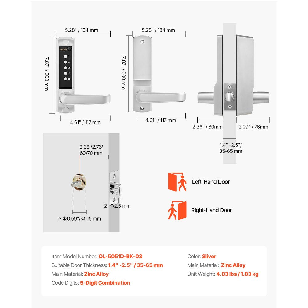 VEVOR Mechanical Keyless Entry Door Lock,2.0 Code Upgrade,5 Digits Code,Single-Sided Push Button Combination Keypad Door Lock with Handle,Auto Locking,-$100