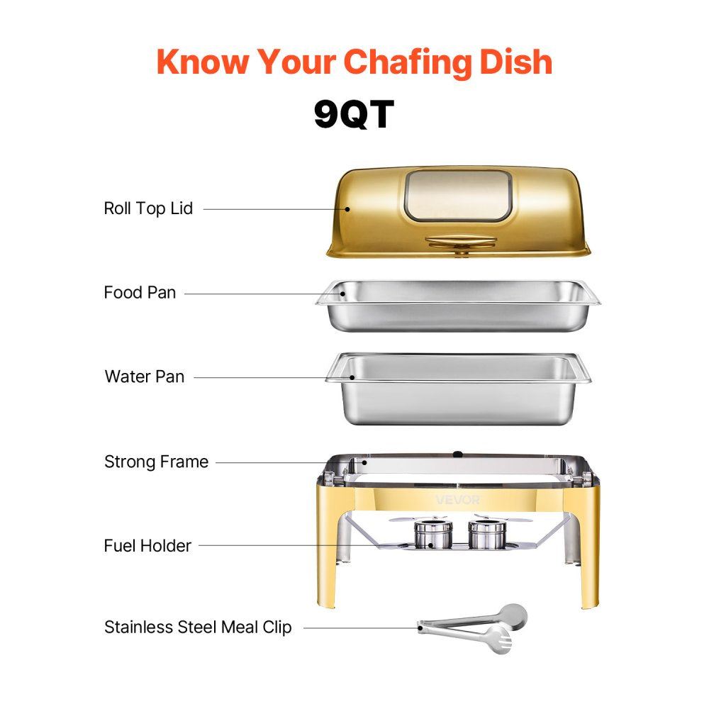 VEVOR Roll Top Chafing Dish Buffet Complete Set, 9Qt Stainless Steel Chafer with Full Size Pan,-$120