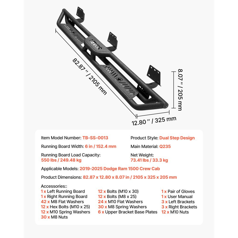 VEVOR Running Boards, 6 Inches Side Steps Compatible with 2019-2025 Dodge Ram 1500 Crew Cab,-$200