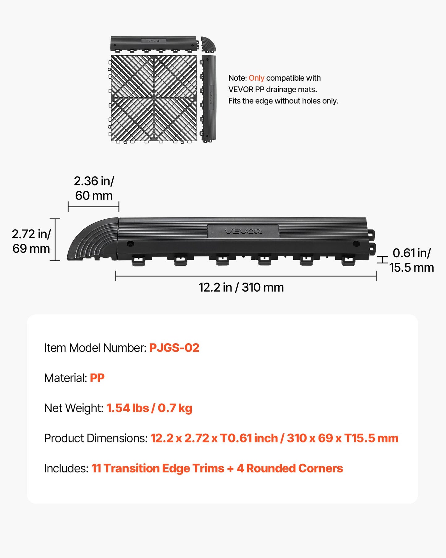 VEVOR Transition Edge Kit, 11-Piece, Durable PP Interlocking Modular Garage Floor Edging,-$15