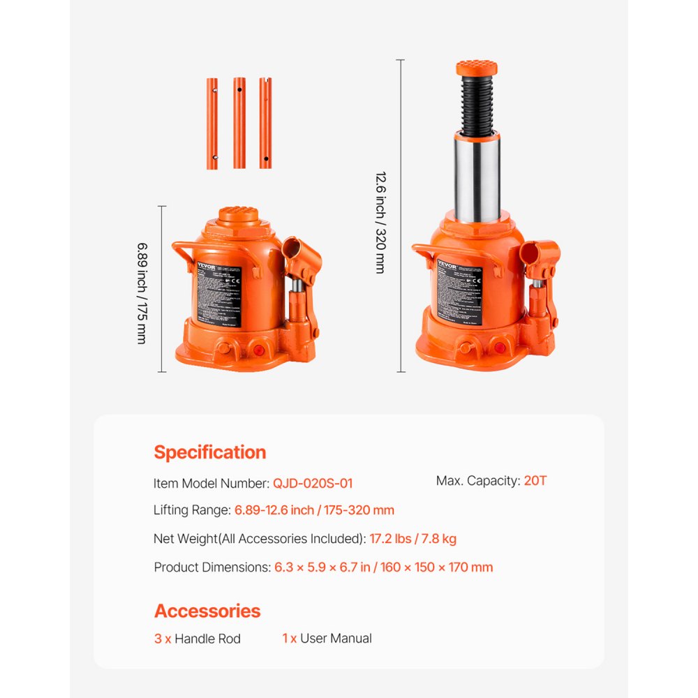 VEVOR Hydraulic Bottle Jack, 20 Ton/44092 lbs Welded Bottle Jack with 6.69''-12.6'' Lifting Range,-$40