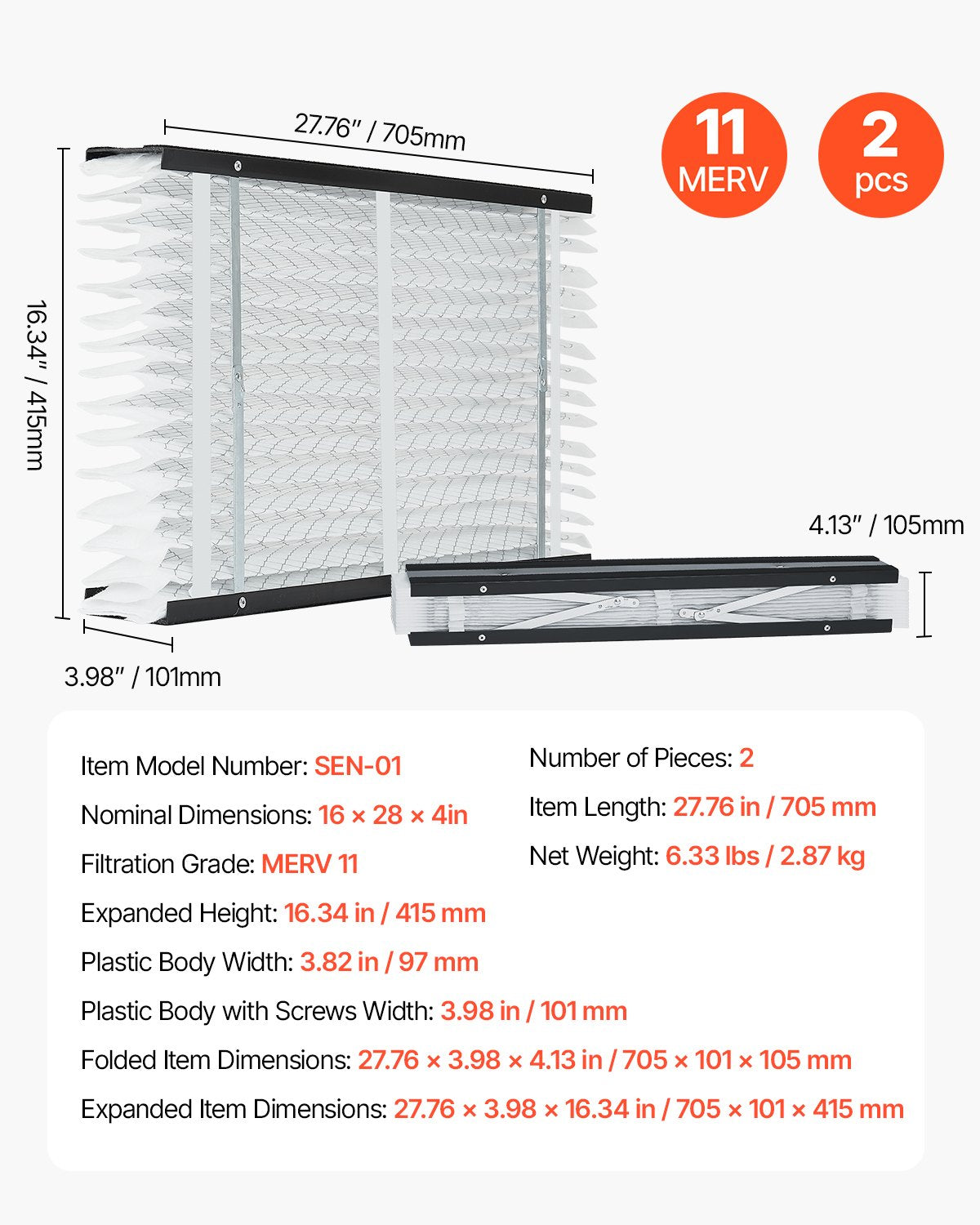 VEVOR 16 x 28 x 4 Furnace Filter, MERV 11 HVAC Ac Filters,12-Month Electrostatic Pleated Air, 2-Pack,-$50