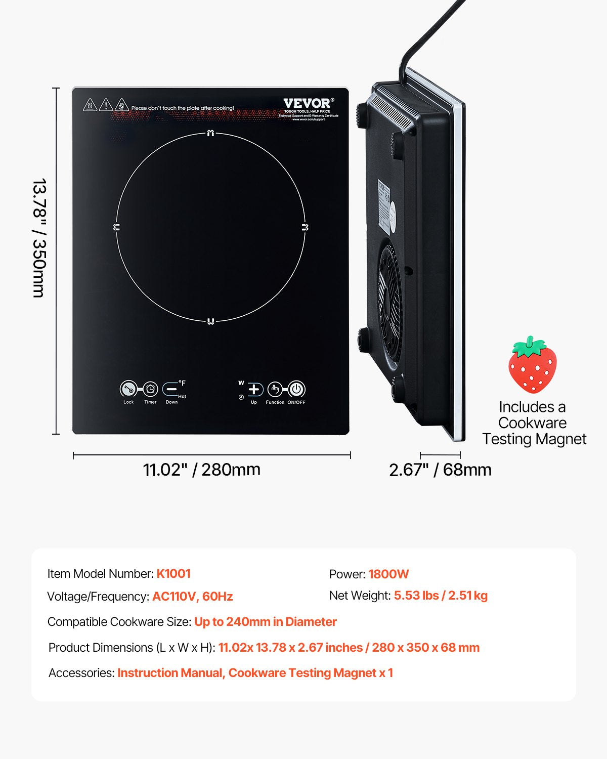 VEVOR Portable Induction Cooktop, 1800W Electric Induction Burner with 9 Temperature Settings,-$50