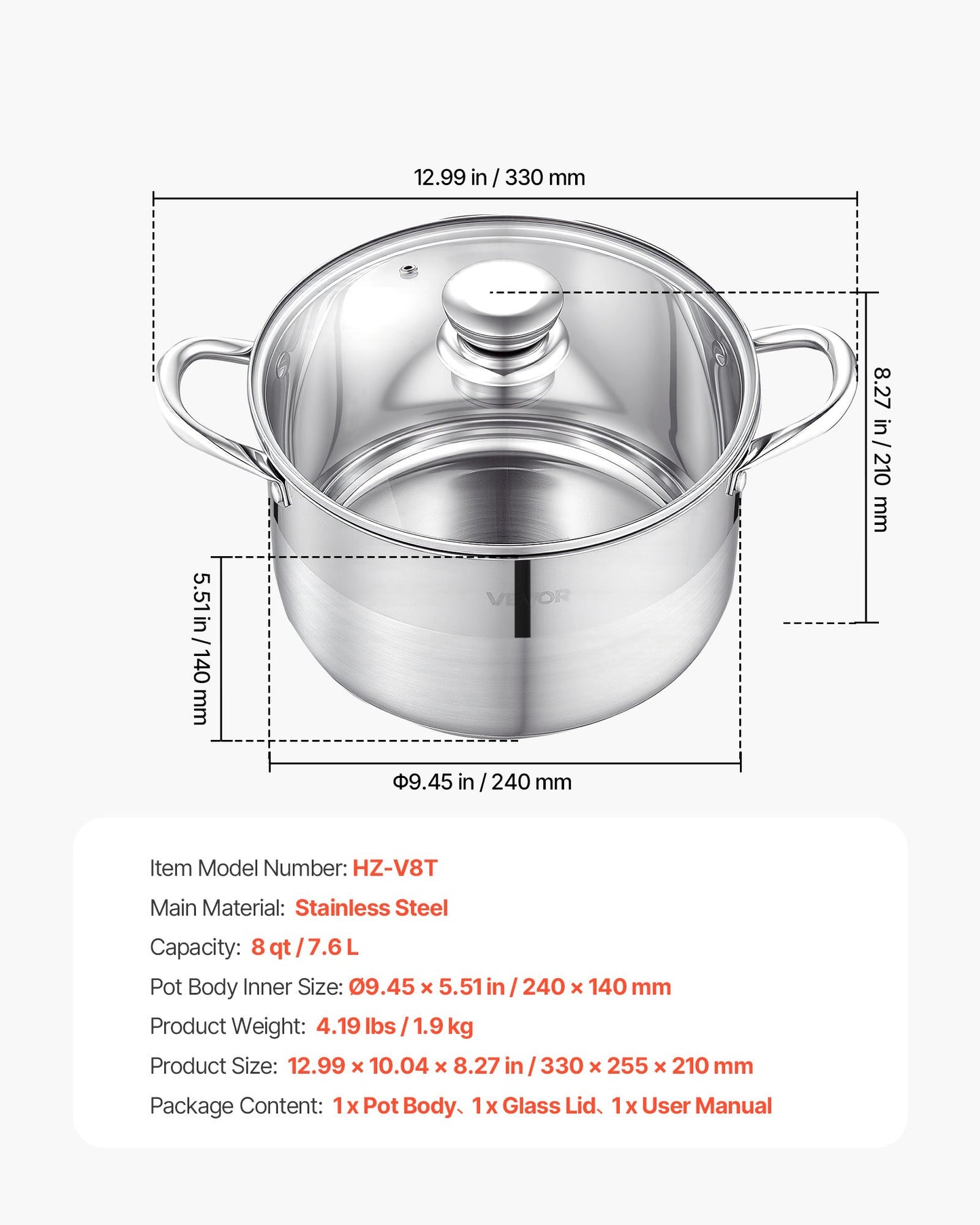 VEVOR Stainless Steel Stock Pot, 8-Quart Stainless Steel Stockpot with Glass Lid, PFOA/PFAS-Free,-$20