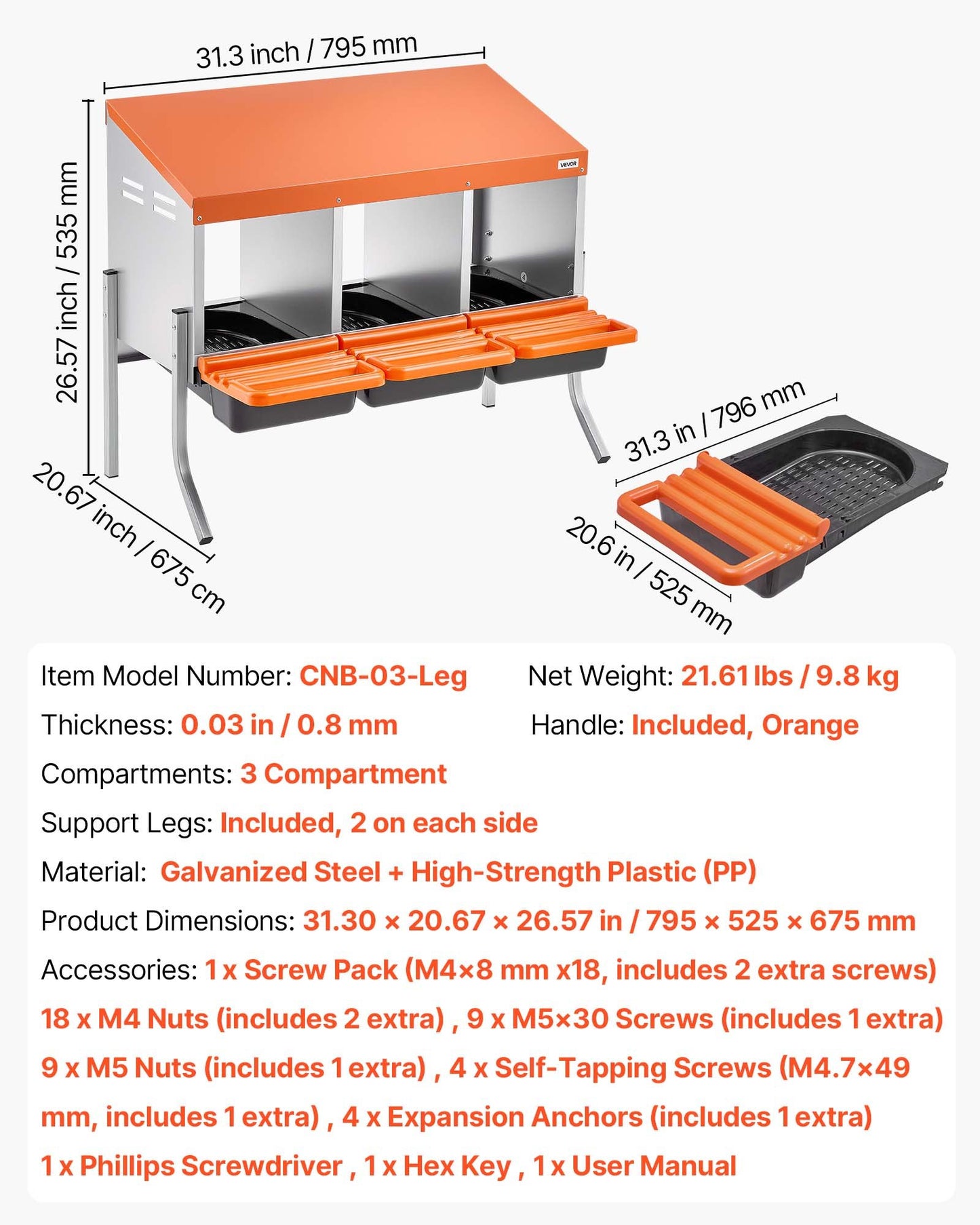 VEVOR Chicken Nesting Boxes, 3 Compartments, with Support Legs, Easy Egg Collection,-$70