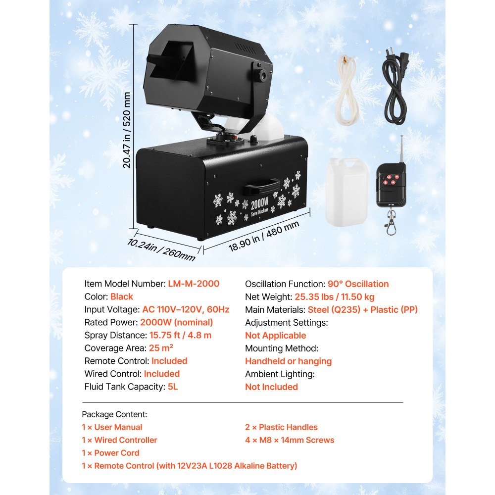 VEVOR Snow Machine, 2000W 90°Shaking Head Snow Maker by Wireless/Wired Remote Control,-$135
