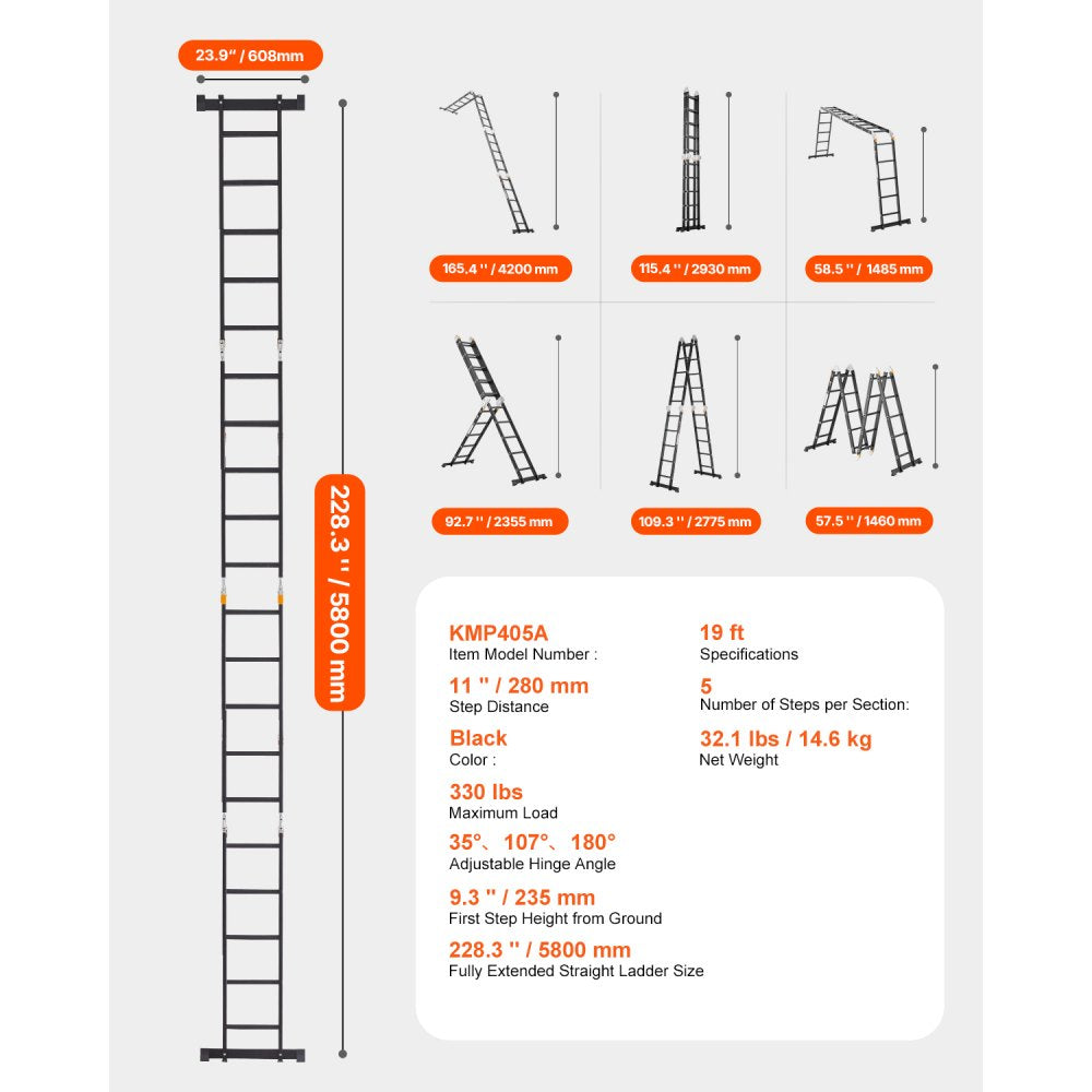 VEVOR Multi-Purpose Folding Ladder, 7-in-1 Tall Extension Step Ladder, A Frame 5 Step Telescoping,-$210