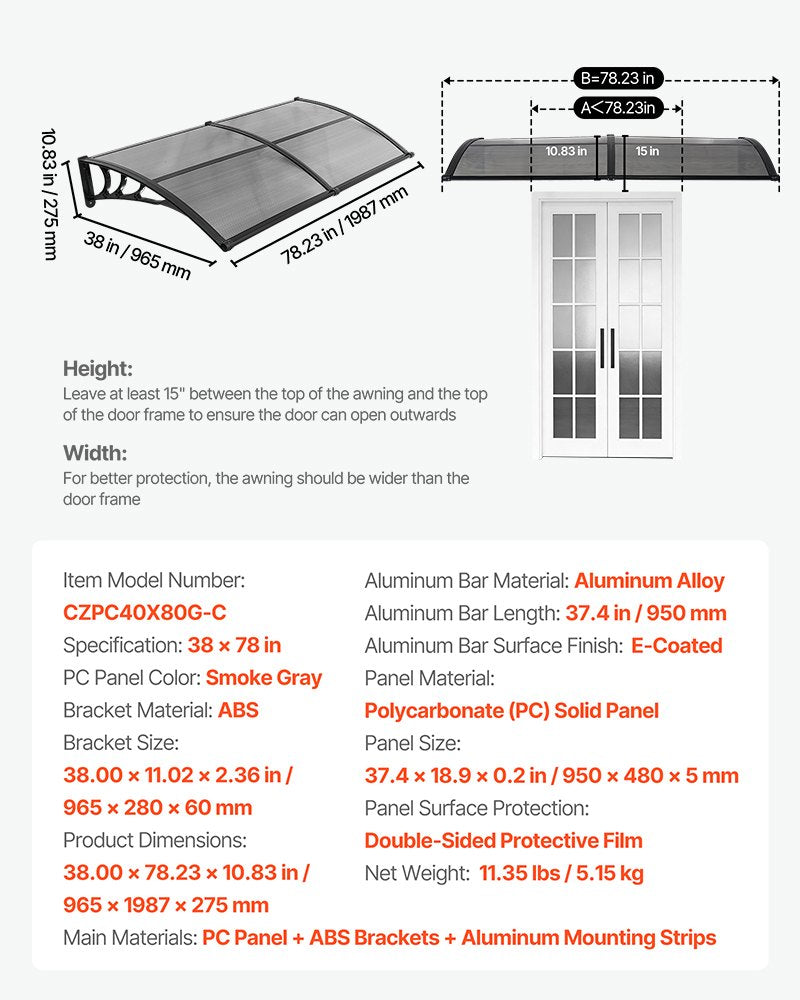 VEVOR Awnings for Door Entrance, 38 x 78 in, Exterior Front Door Window Awnings with Drainage,-$60