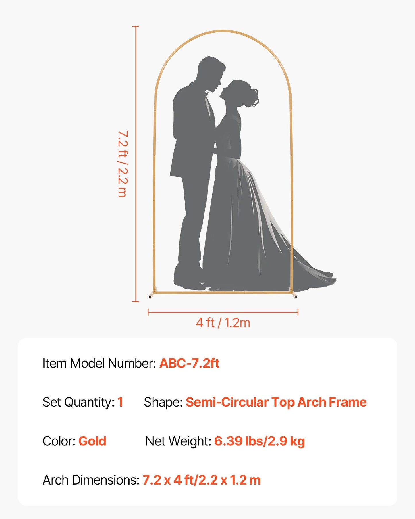 VEVOR Arch Backdrop Stand, 7.2 x 4 ft, Stable Structure, Easy Assembly, 1 Set Gold Metal,-$20
