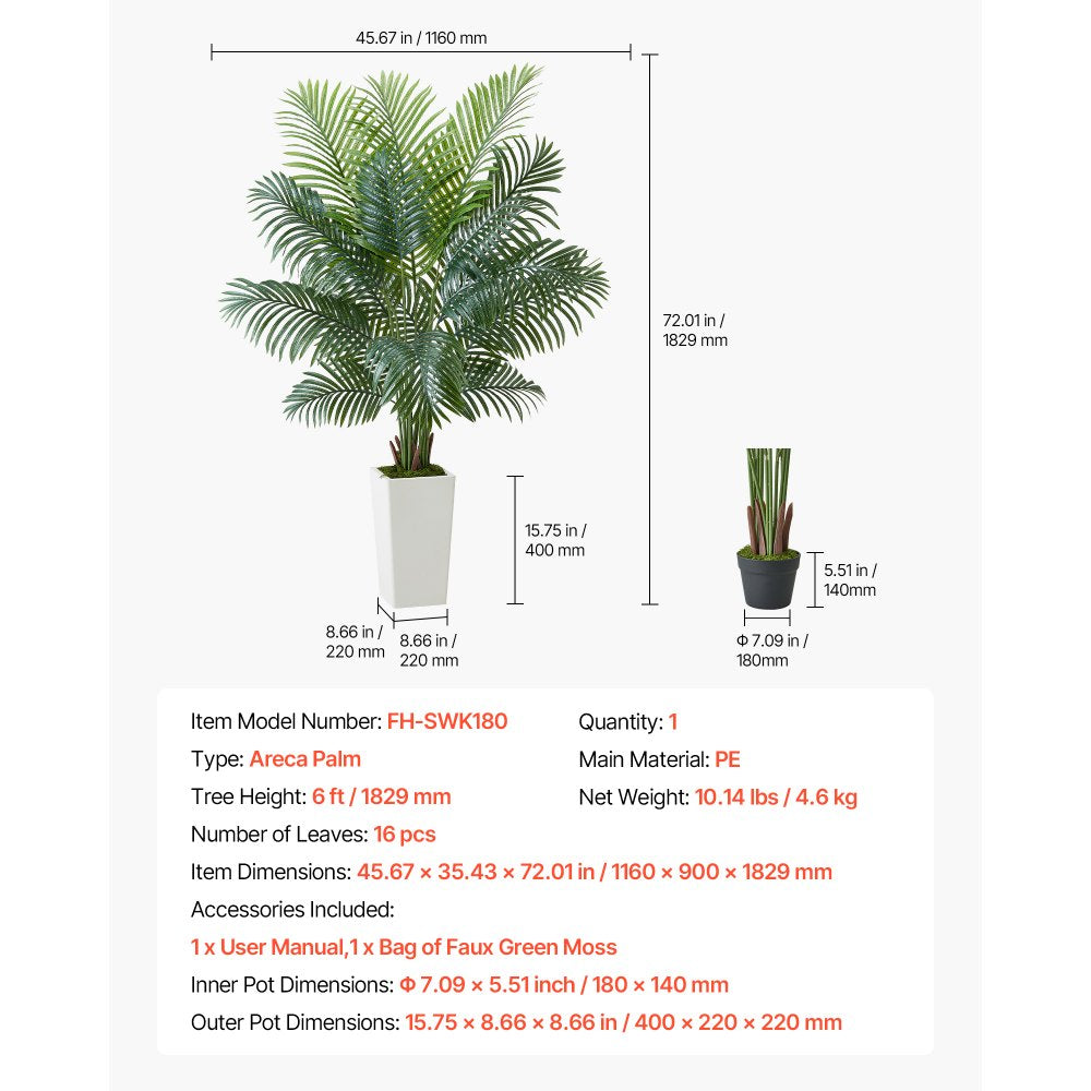 VEVOR Artificial Areca Palm Tree 6 ft, Fake Palm Tropical Plants with White Tall Planter,-$55