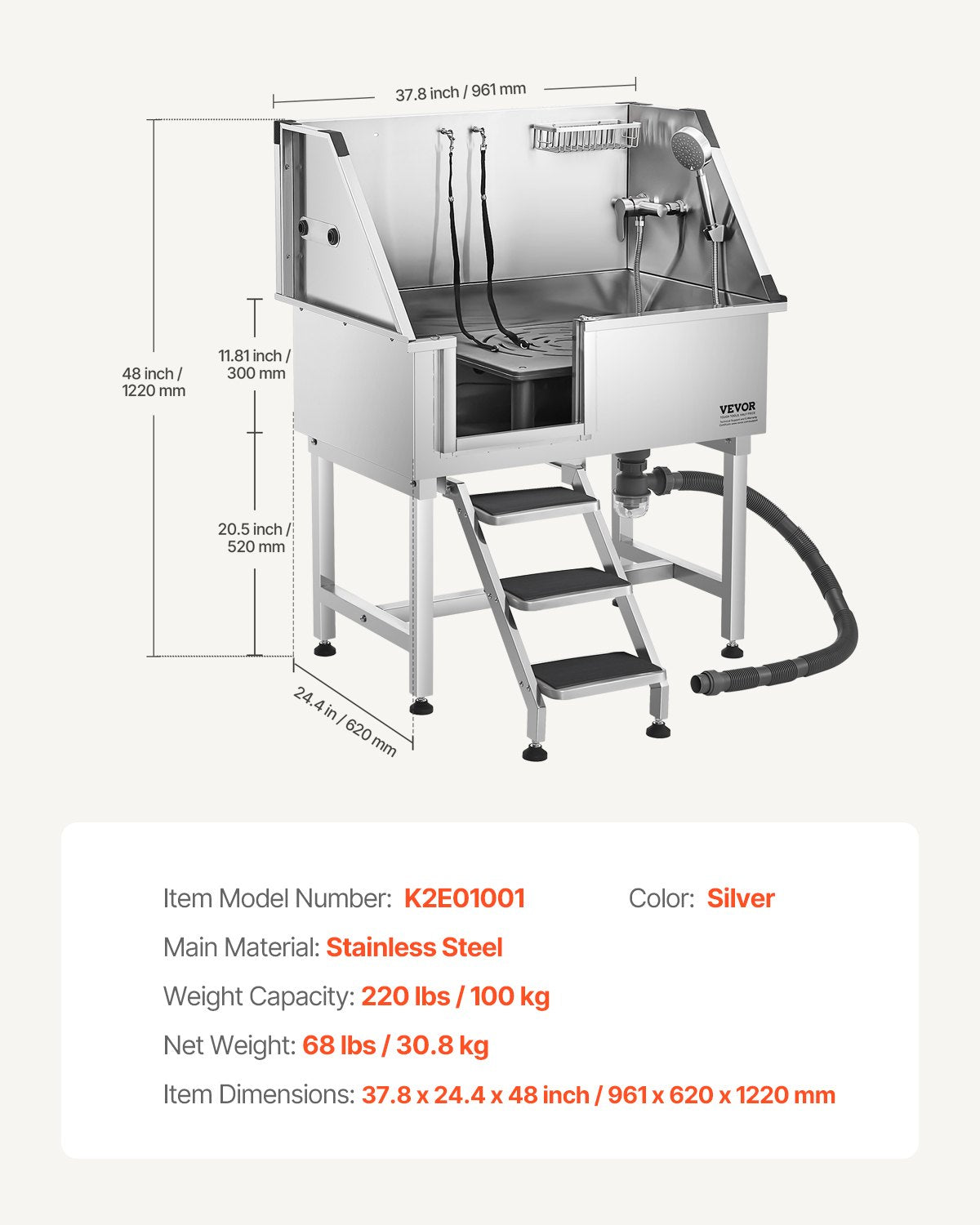 VEVOR 38 Inch Stainless Steel Dog Washing Station, Pet Grooming Tub with Hot & Cold Faucet, (Left Door)-$400