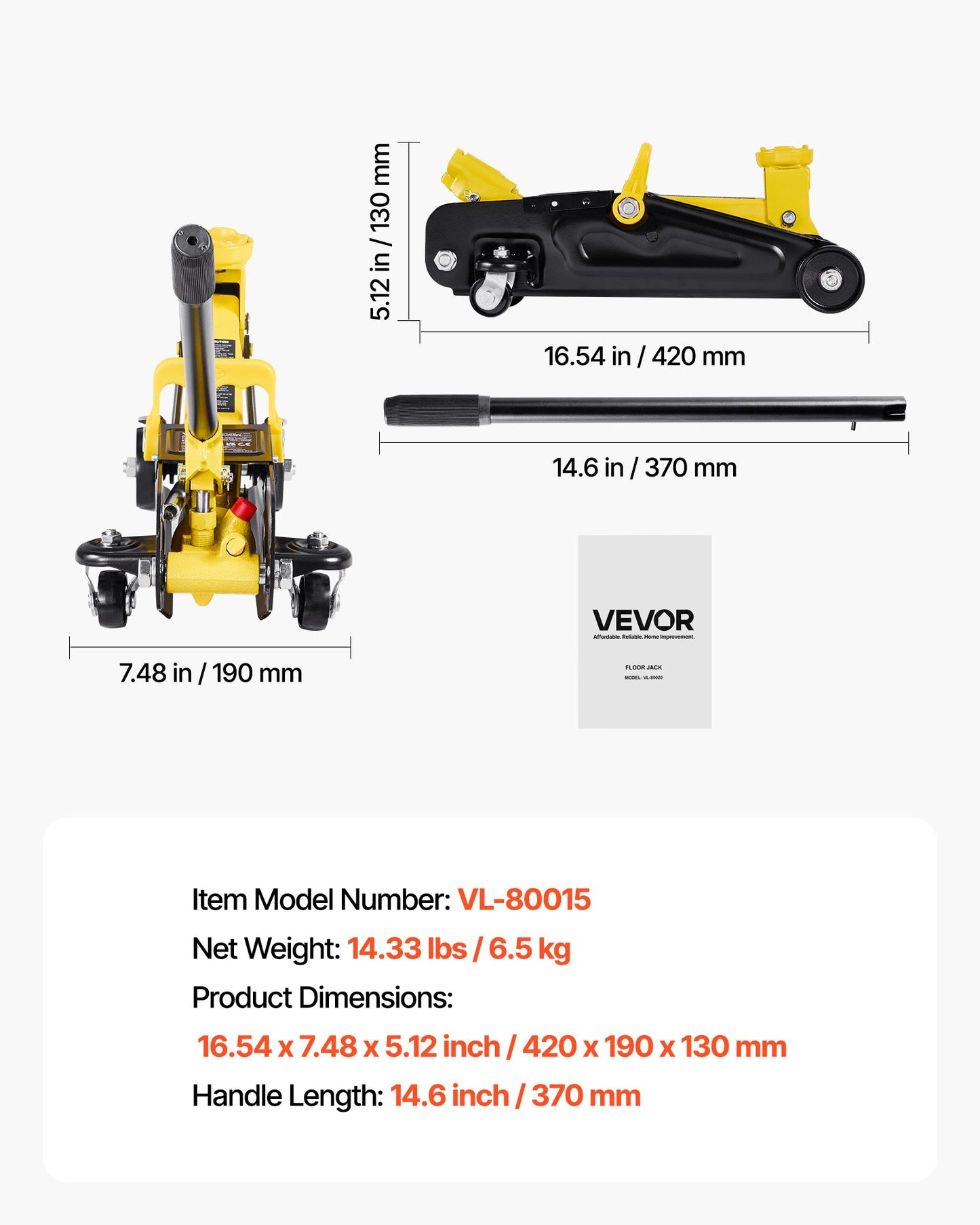 VEVOR Low Profile Floor Jack, 1.5 Ton (3300 lbs) Capacity, Steel Racing Floor Jack,-$45