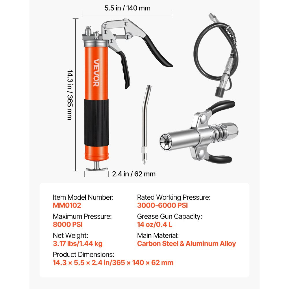 VEVOR Grease Gun, 8000 PSI, Pistol Grip Grease Gun Kit with 14 oz Capacity, Includes 18-Inch Flex Hose,-$20