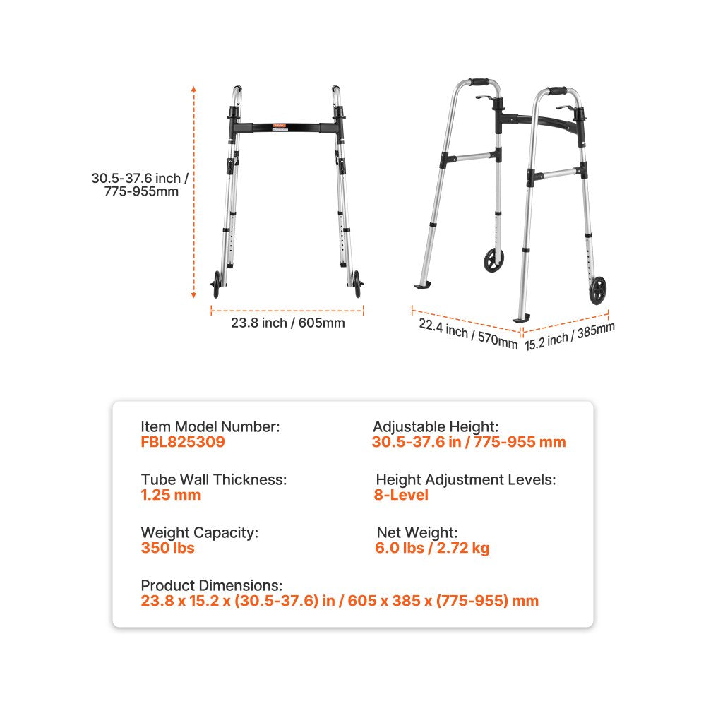 VEVOR Folding Walker, 2-Button Foldable Walker with 5" Wheels & 8-Level Adjustable Height,-$35