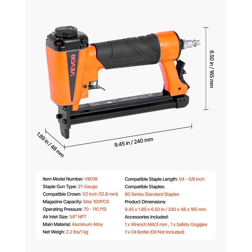 VEVOR Pneumatic Staple Gun, 21 Gauge Pneumatic Upholstery Stapler for 80 Series 1/2-inch,-$20