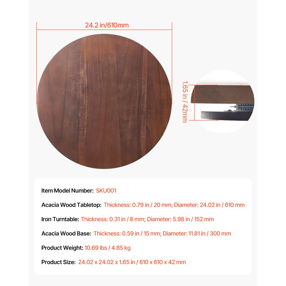 VEVOR 24 in Wood Lazy Susan Turntable, 360° Rotation Round Clear Tabletop Rotating Tray,-$60