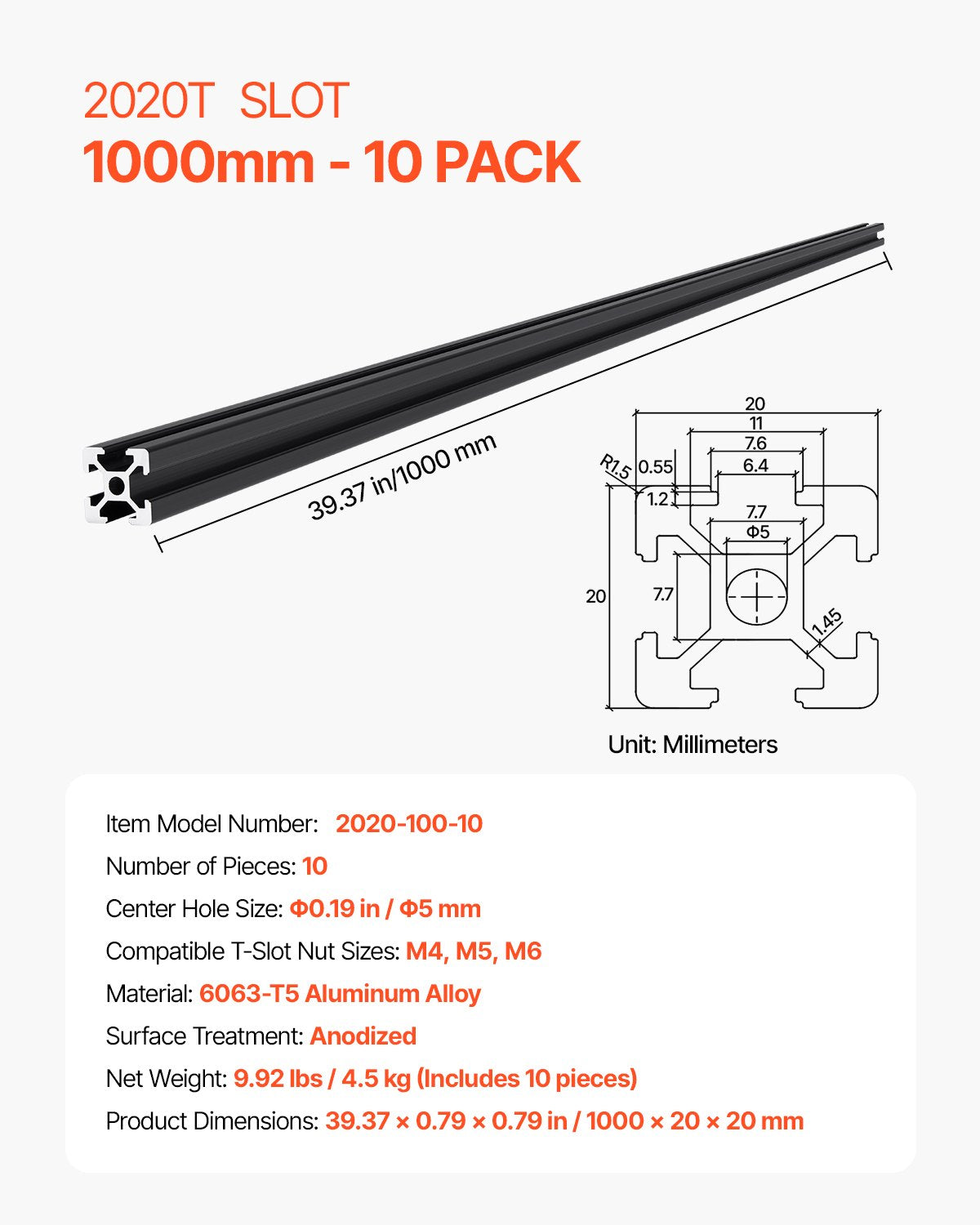 VEVOR 10PCS 39.4in (1000mm) T Slot 2020 Aluminum Extrusion Profile, European Standard,-$50