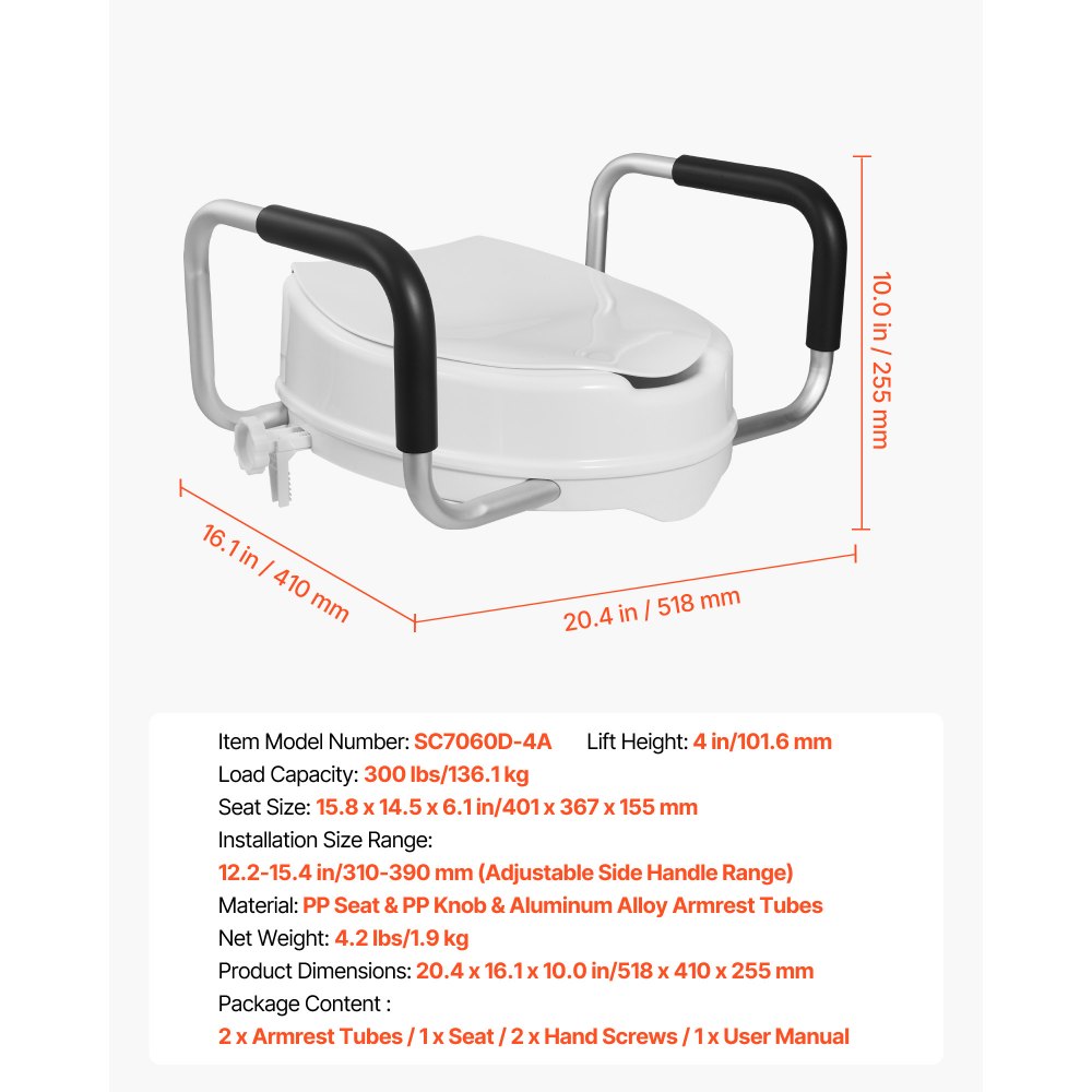 VEVOR Raised Toilet Seat with Arms, 300 lbs Load Capacity, 4-Inch Lift Height, Widened Commode,-$45