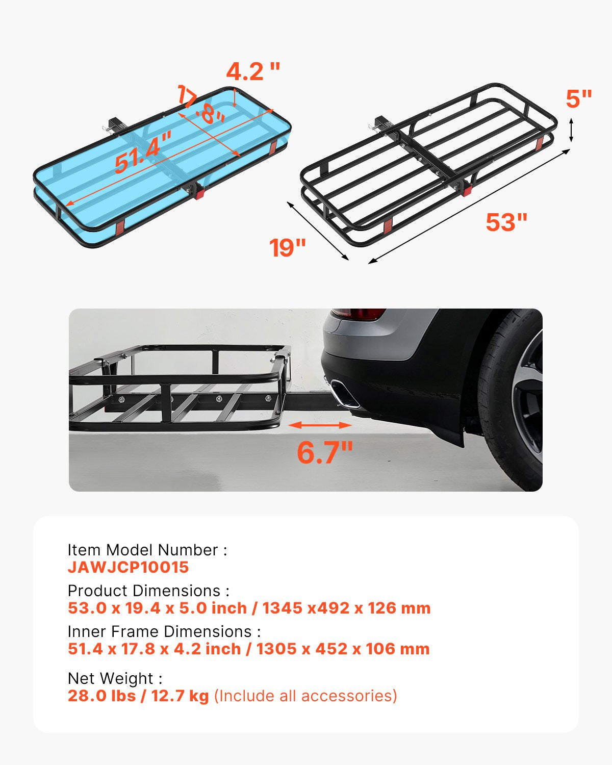 VEVOR 53" x 19" x 5", Hitch Cargo Carrier, 500 lbs Capacity Hitch Cargo Carrier with Hitch Stabilizer,-$70