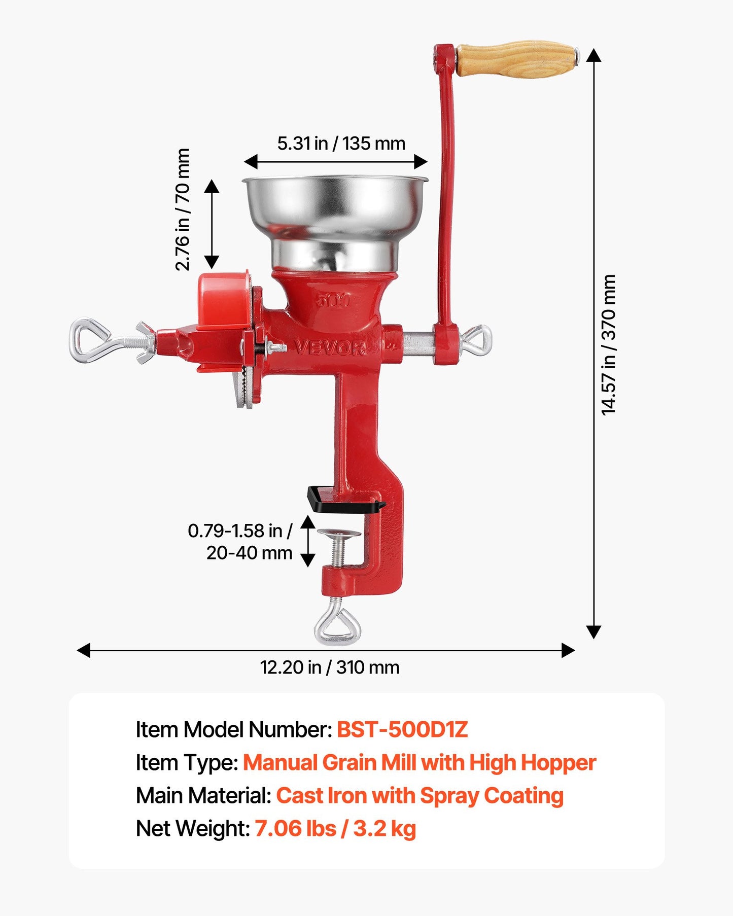 VEVOR Manual Grain Mill with Low Hopper, Hand-Crank Corn Grinder, Heavy Duty Cast Iron Wheat,-$30