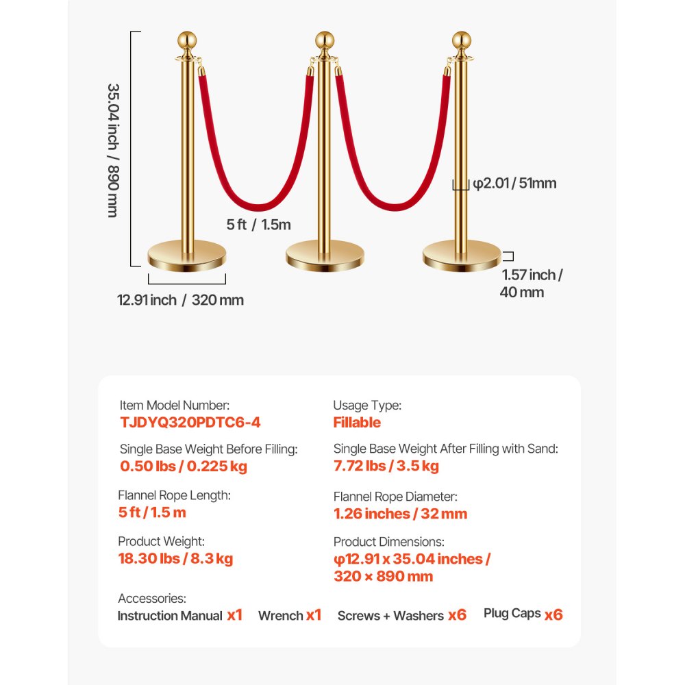 VEVOR Stanchion Post, 6 Pcs Crowd Control Barrier Set with 4 Red Velvet Ropes, 5 ft Stainless,-$85