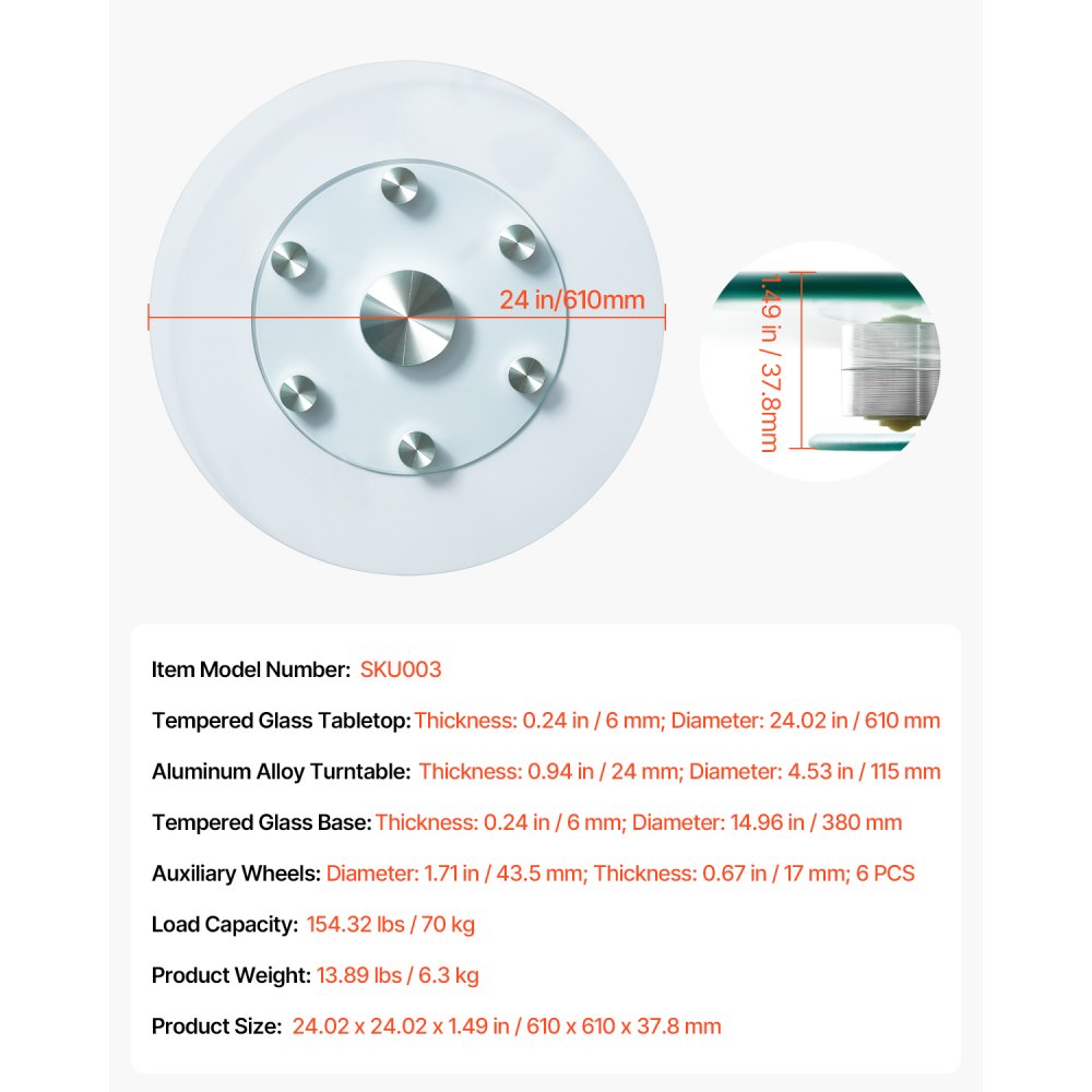 VEVOR 24 in Glass Lazy Susan Turntable, Tempered Glass Dining Table Centerpiece with 6 Rotating Wheels,-$45