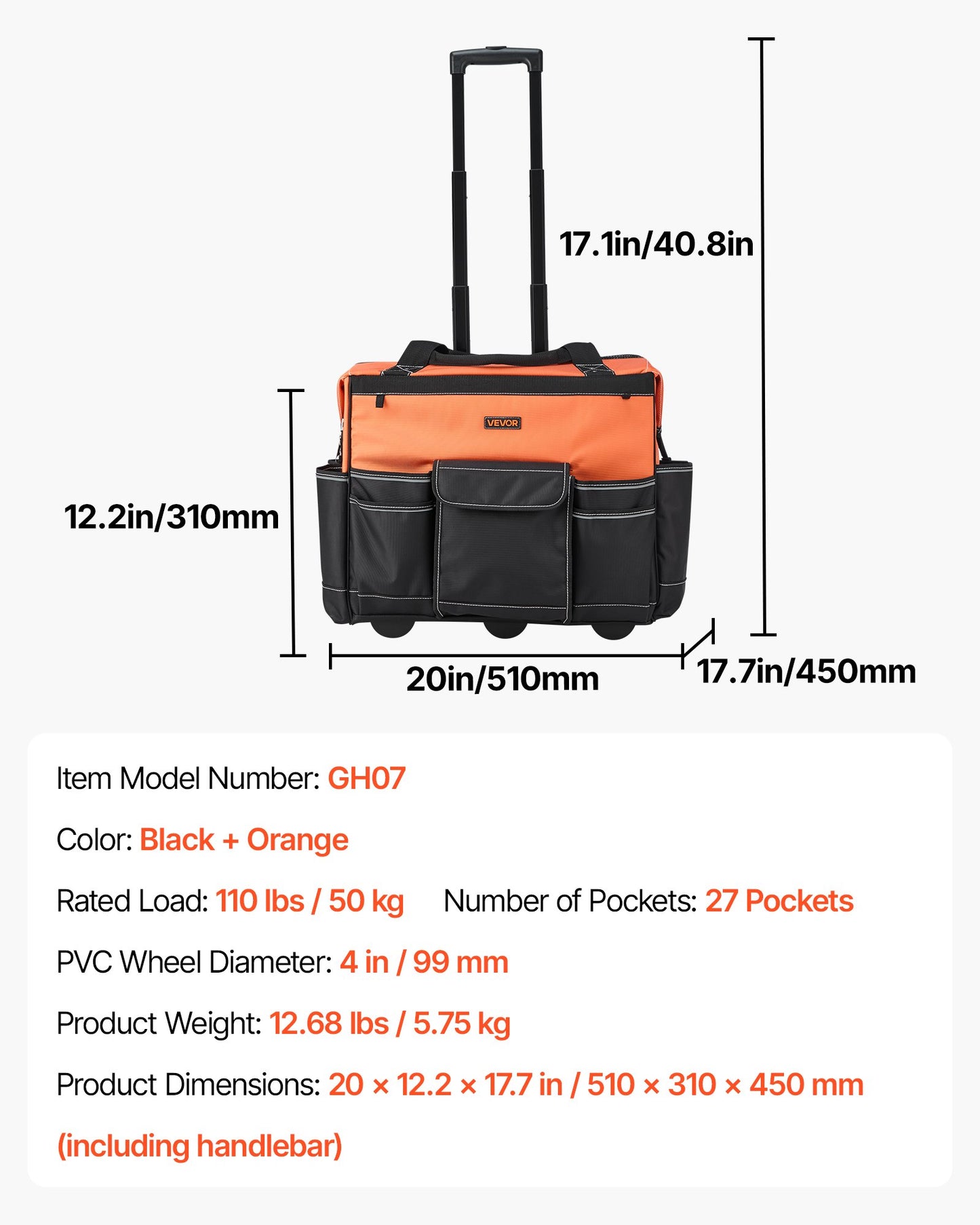 VEVOR Rolling Tool Bag, 110 lbs Load Capacity, 27 Pockets Heavy Duty Roller Tool Bag on Wheels,-$70