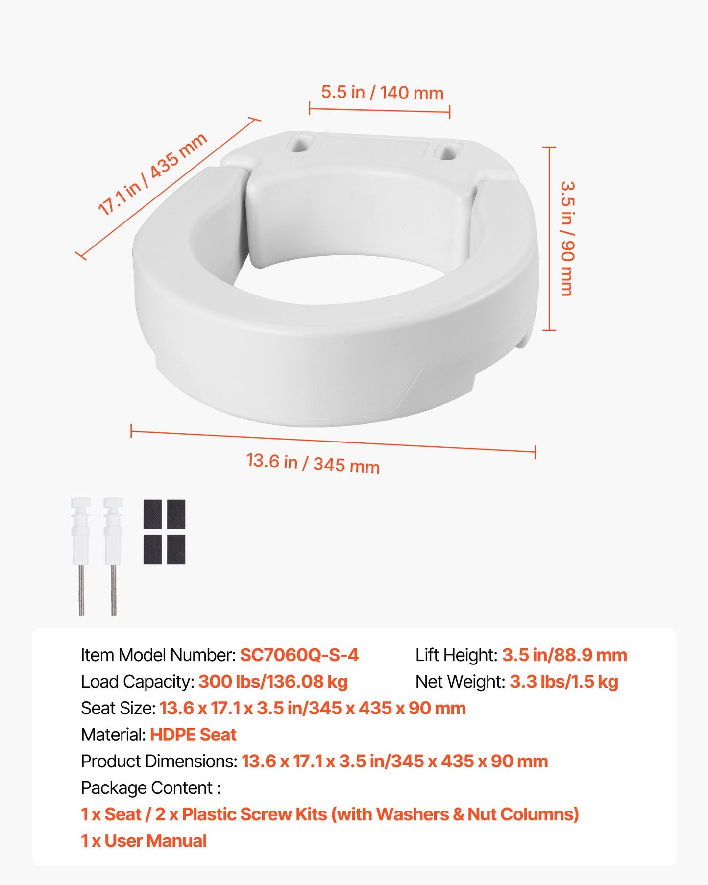 VEVOR Raised Toilet Seat, 300 lbs Load Capacity, 3.5-Inch Lift Height, Commode Elevated Toilet Seat,-$30