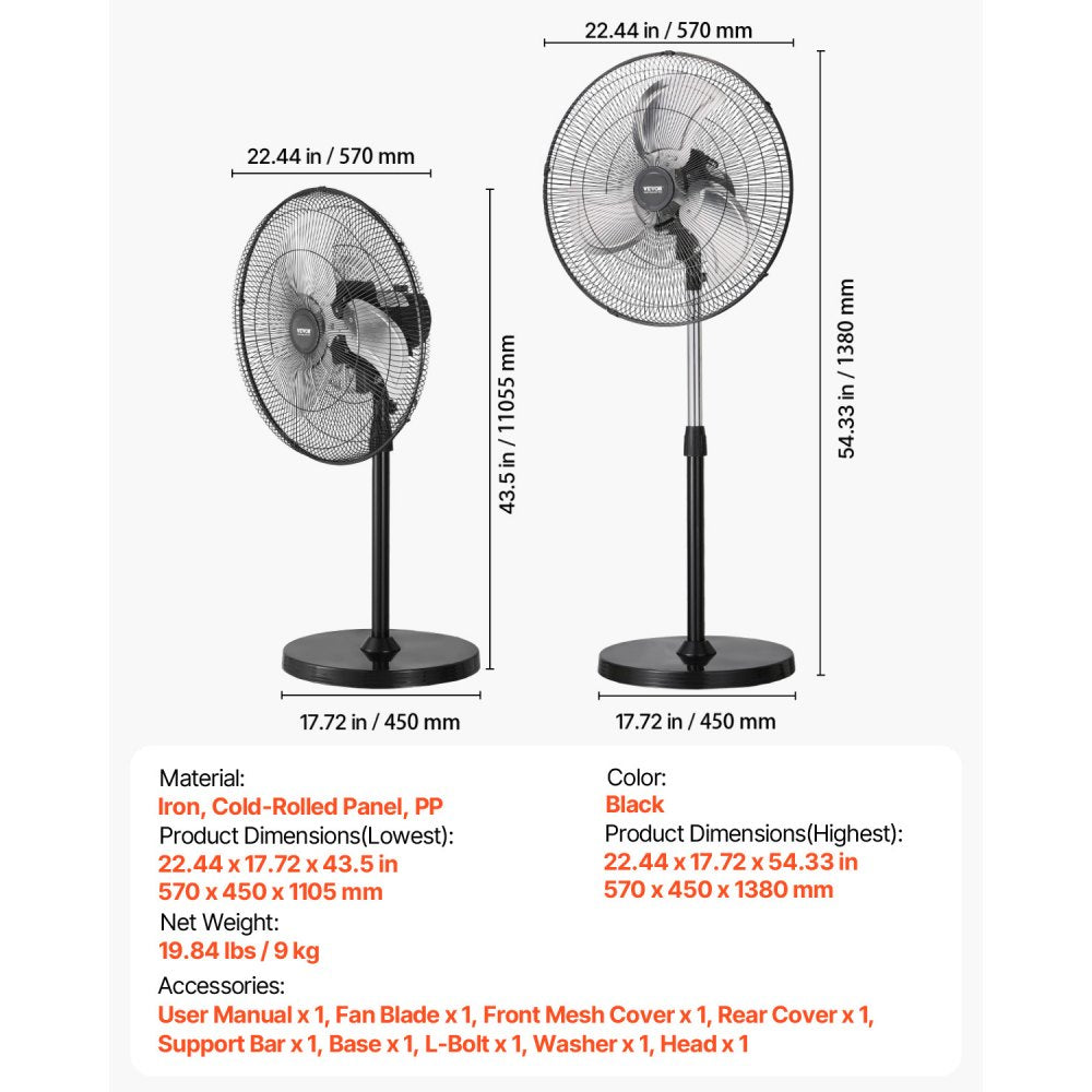 VEVOR Industrial Pedestal Fan, 20 Inch 90-Degree Oscillating Fan, Height Adj Standing Fans,-$70