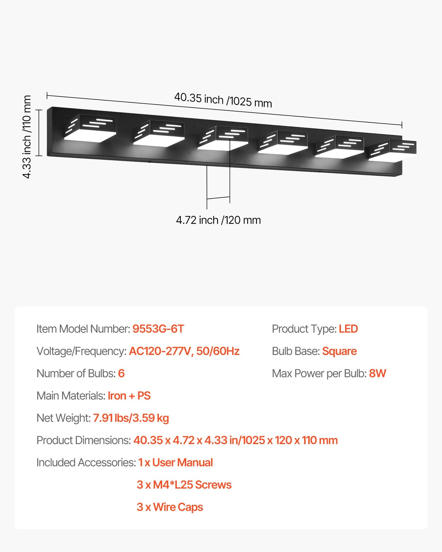 VEVOR 6-Light LED Modern VanityLight Fixtures, 40.35-Inch, Black Finish Bathroom Wall Lighting