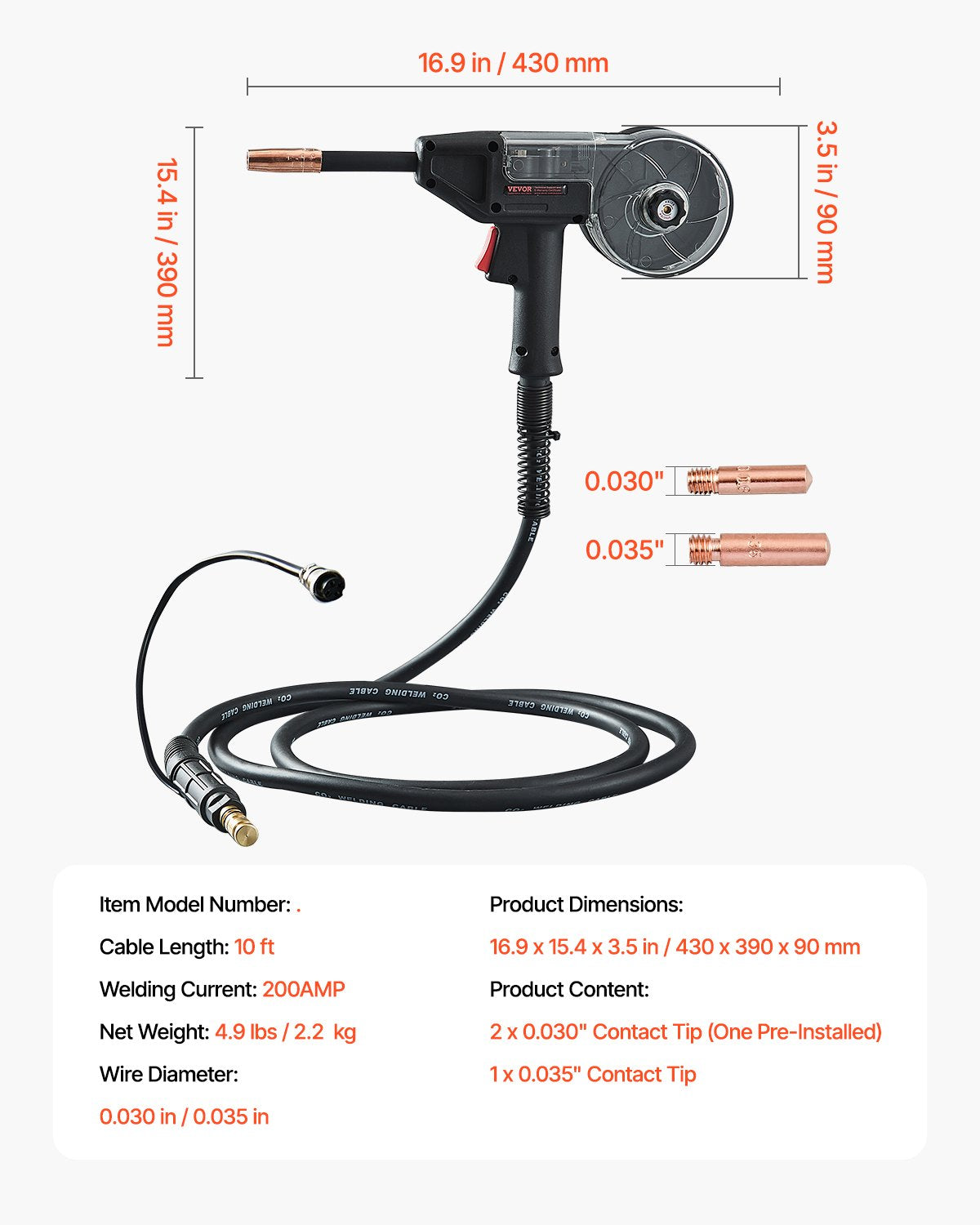 VEVOR 200Amp Spool Gun with 10FT Cable, Compatible with W Weldpro MlG200GDsv200/MIG155GD,-$85
