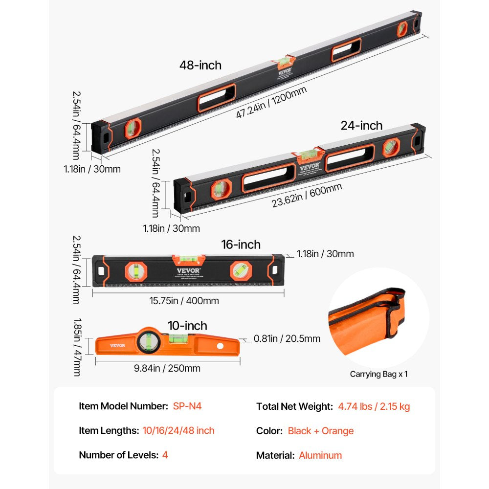 VEVOR 4-Piece Torpedo Level, 48/24/16/10 Inch Box Levels Set,Shock-Proof(Only 10-inch has magnetic),-$40