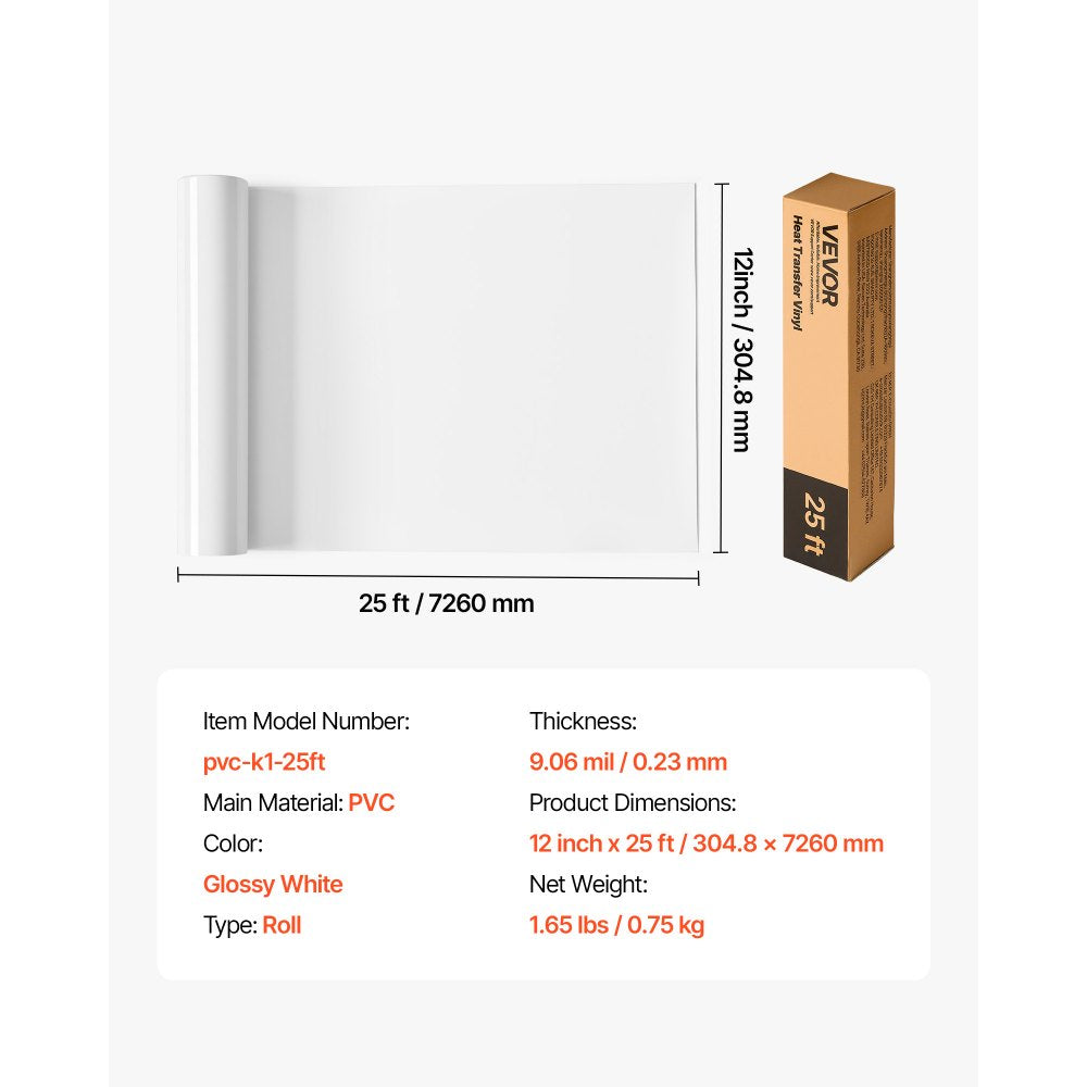 VEVOR Heat Transfer Vinyl, 12 in x 25 ft, Glossy White HTV Iron on Vinyl Roll,-$15
