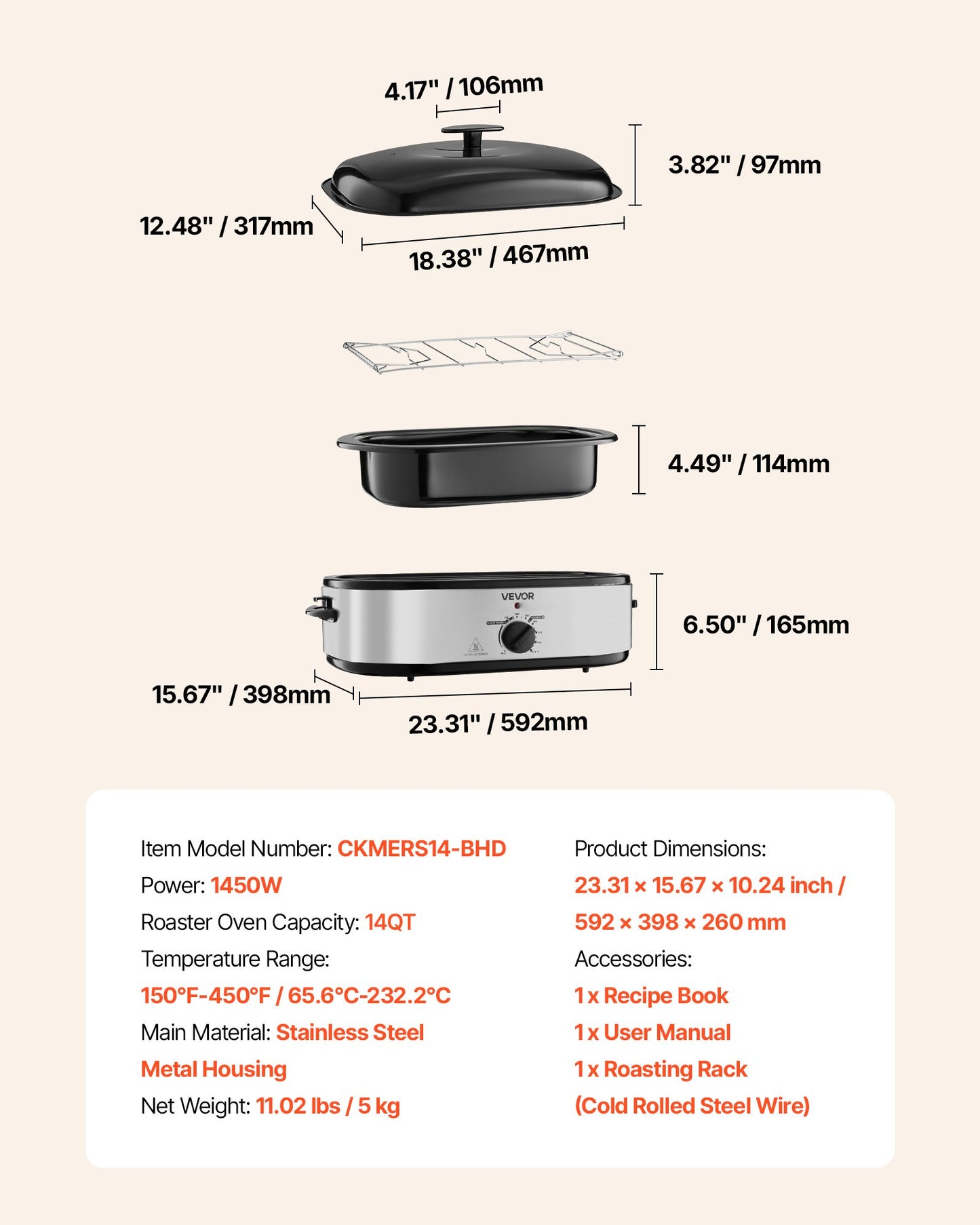 VEVOR Roaster Oven, 14QT Fast-Cooking Turkey Roaster, 150-450℉ Adjustable Temperature,-$50