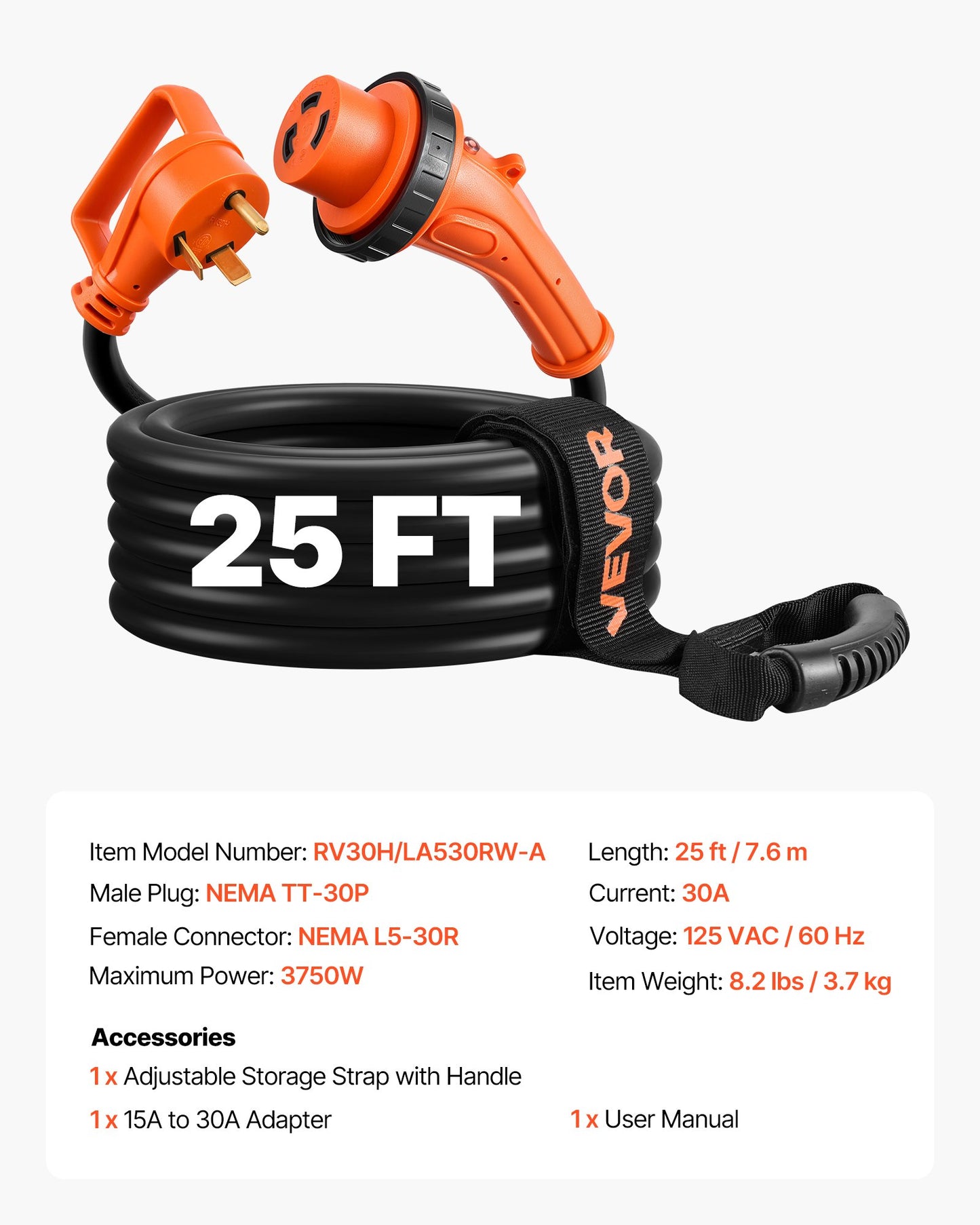 VEVOR 30 Amp 25 Feet RV Power Cord, 125V 3750W, Heavy Duty 10/3 Gauge STW Generator Cord,-$50