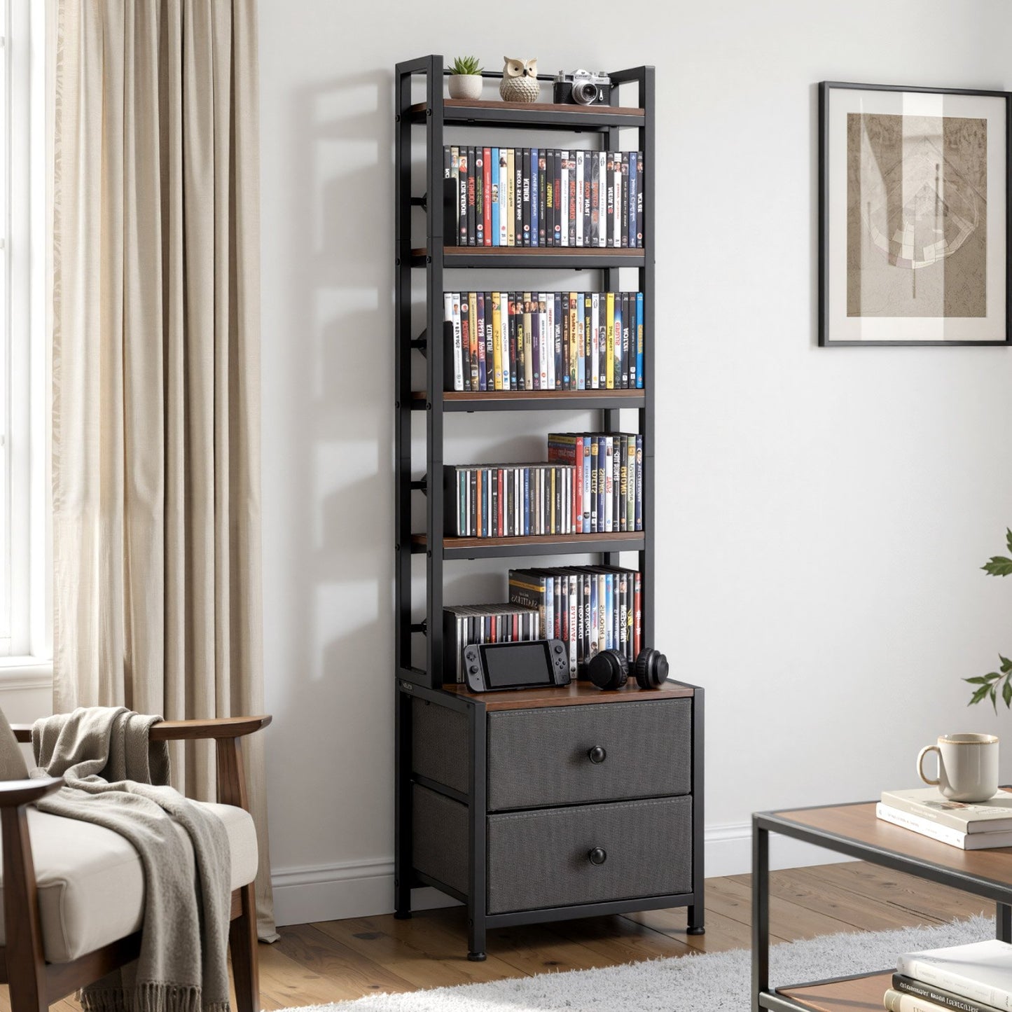 VEVOR Media Storage Cabinet, 4-Shelf DVD Shelf Organizer with Drawers, 15.75 x 11.81 x 56.50 in,-$40