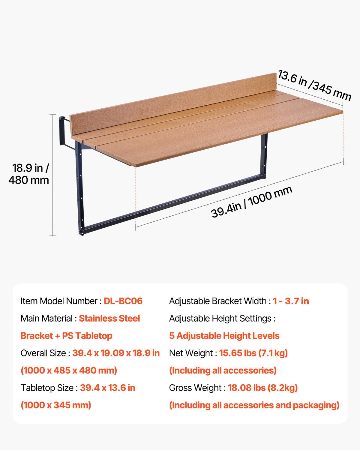 VEVOR Balcony Hanging Table, 15 x 39 in Folding Balcony Railing Table, Outdoor Balcony Bar Table,-$50