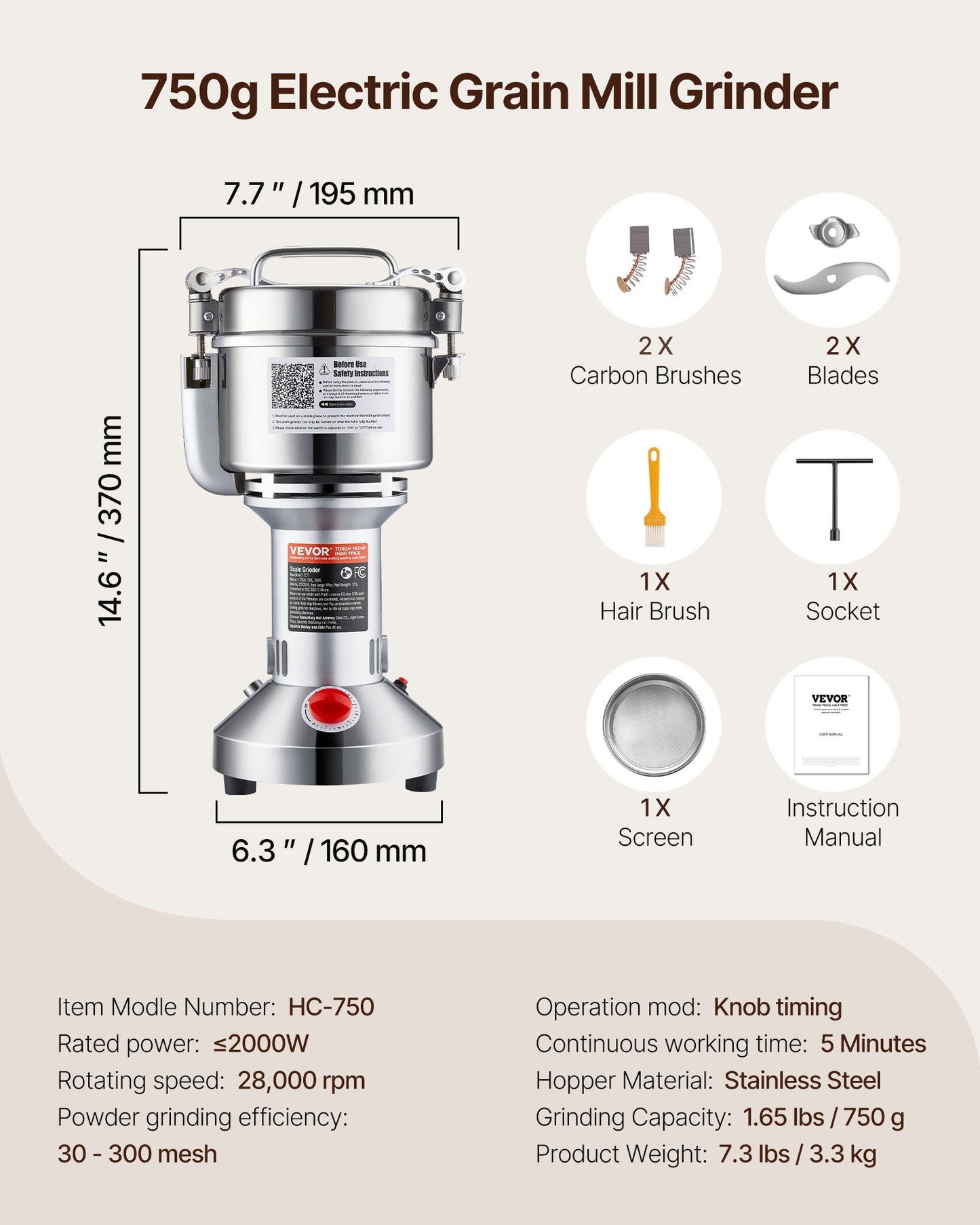 VEVOR 750g Electric Grain Mill Grinder, High Speed 2000W Commercial Spice Grinders,-$65