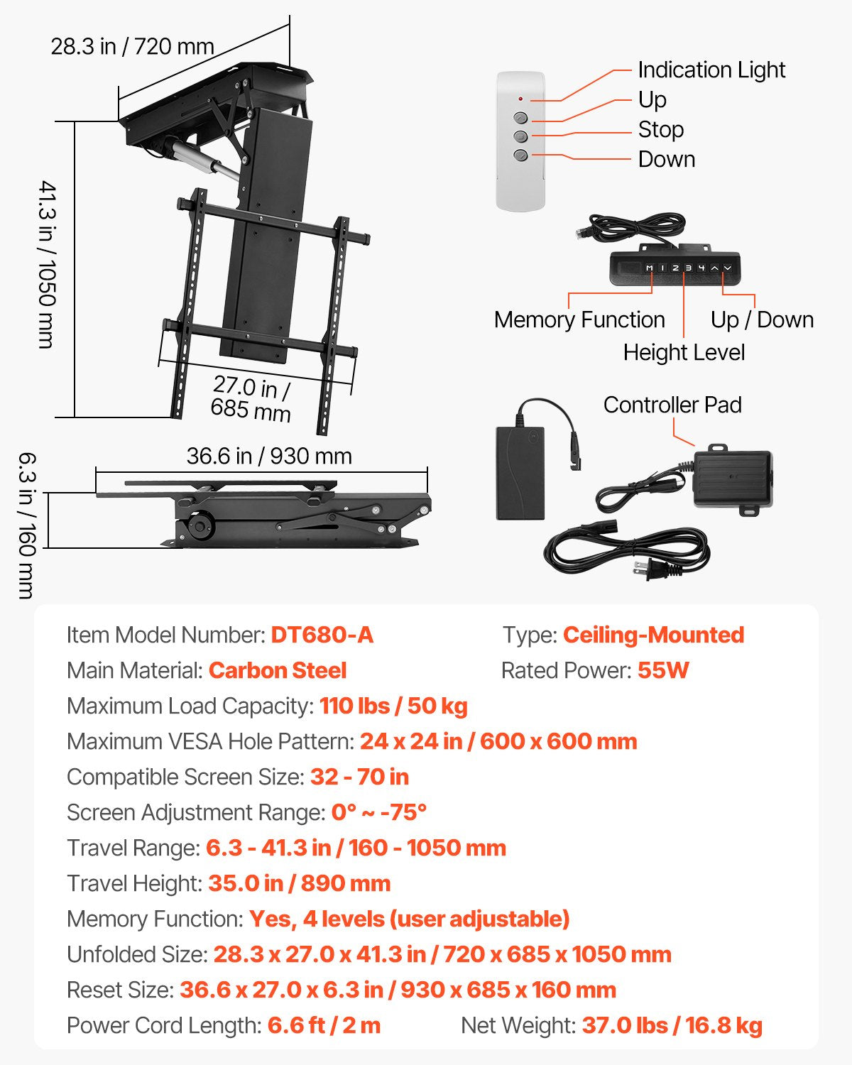 VEVOR Motorized Ceiling TV Mount, TV Wall Mount for 32 to 70 Inch TV, Electric Adj Ceiling TV Mount,-$160