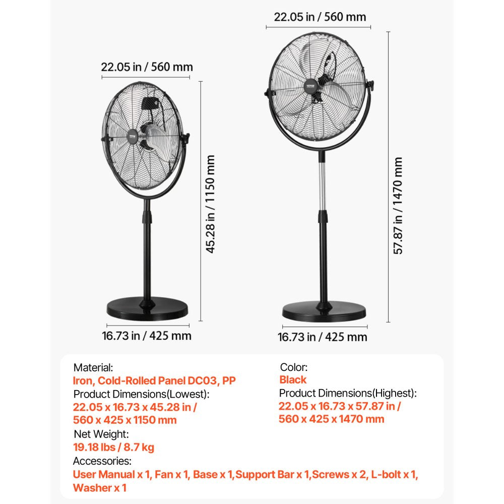 VEVOR Industrial Pedestal Fan, 18 Inch Standing Fan with 45.3 to 57.9 Inches Adjustable Height,-$70