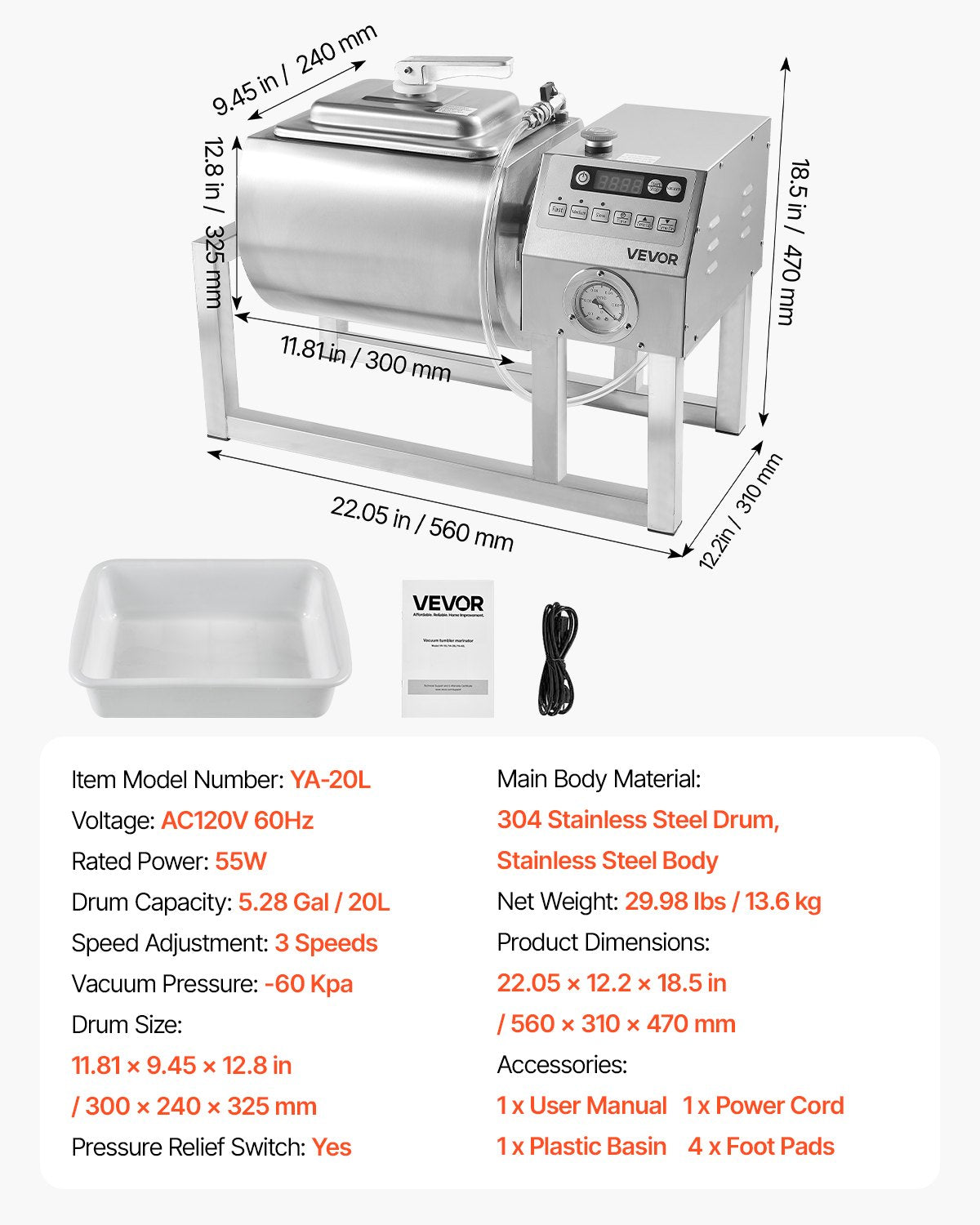 VEVOR Commercial Meat Tumbler Marinator, 20L Vacuum Tumbler Marinating Machine w/Bidirectional,-$340