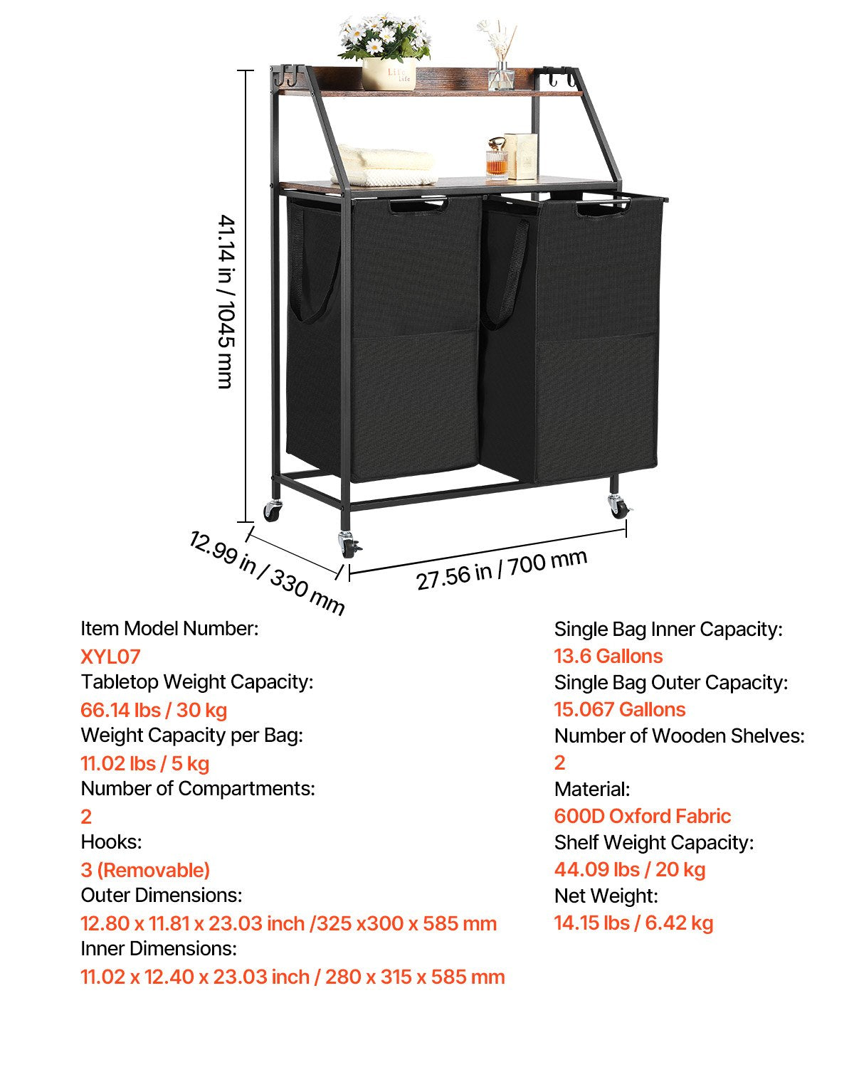 VEVOR 2 Tiers Laundry Sorter, Tall Laundry Hamper with Metal Frame and Wooden Tabletop,-$50