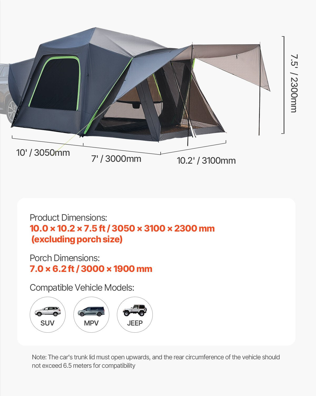 VEVOR SUV Tent for Camping, 10FT L x 10FT W, Waterproof PU2000mm Spacious Double Layer Design,-$280