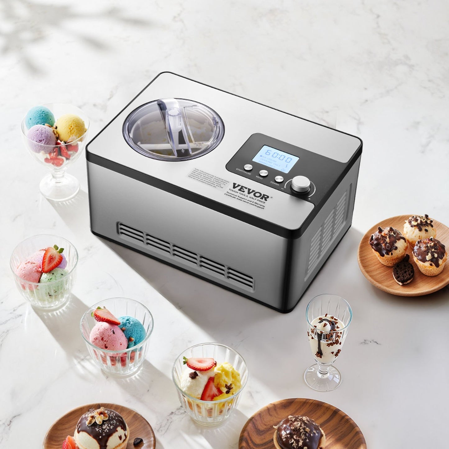 VEVOR Automatic Ice Cream Maker with Built-in Compressor, 2 Quart No Pre-freezing Fruit Yogurt Machine,-$170