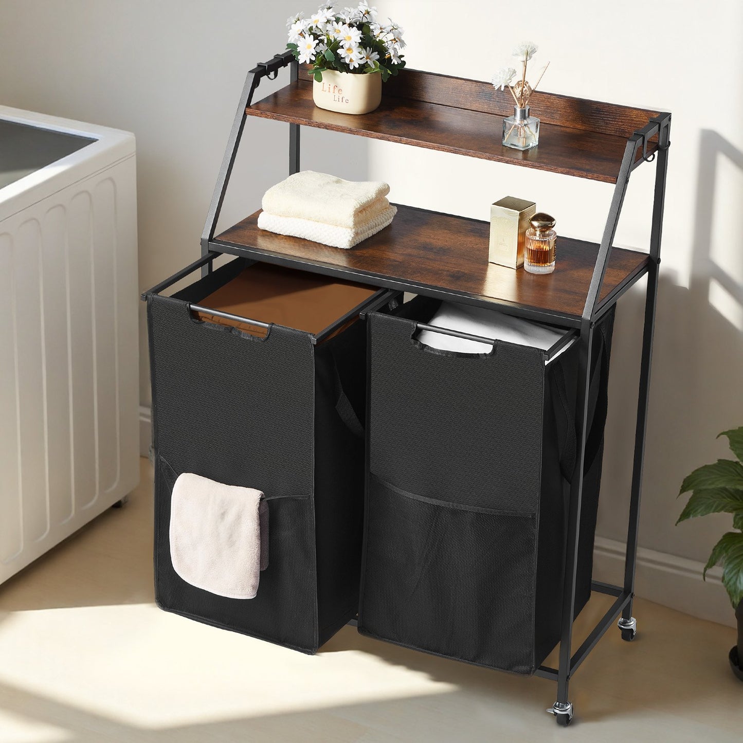 VEVOR 2 Tiers Laundry Sorter, Tall Laundry Hamper with Metal Frame and Wooden Tabletop,-$50